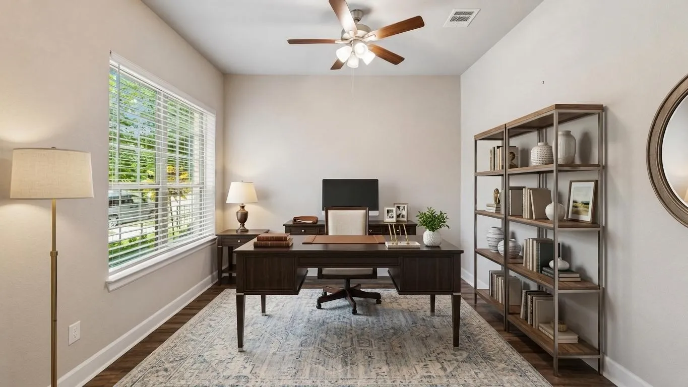 Recessed lighting, ceiling fan, wood-finish flooring, large window with blinds, and built-in shelving