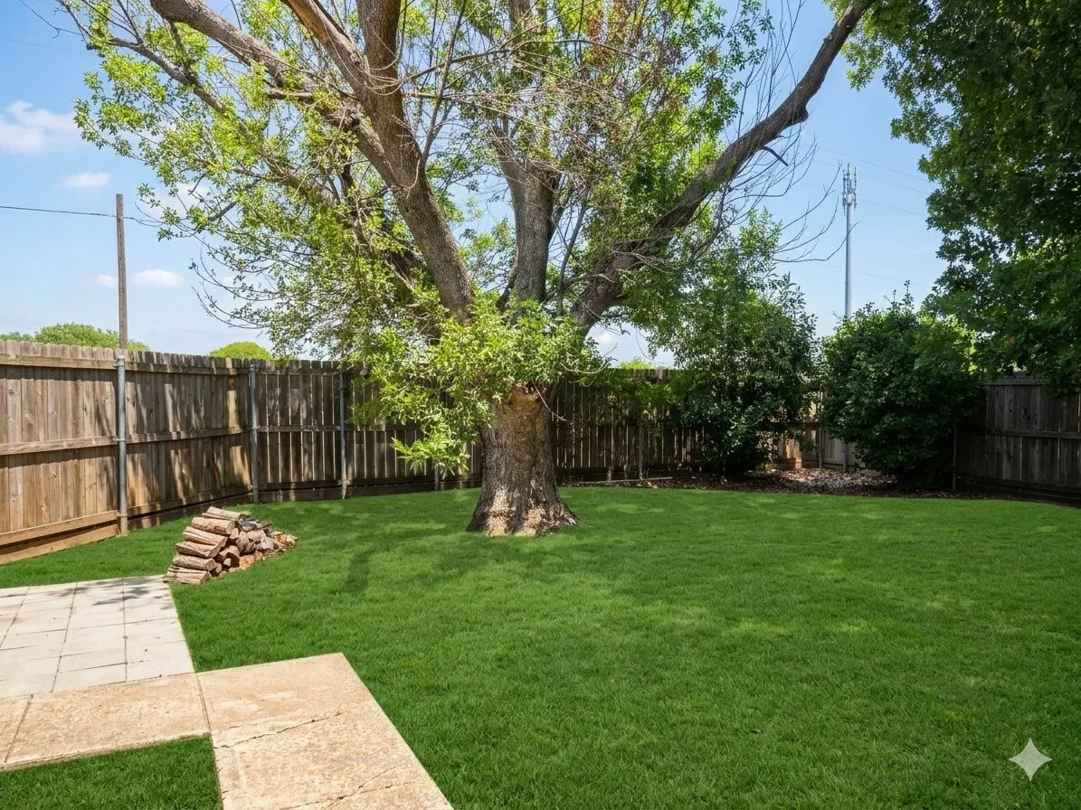 Expansive rear yard featuring green lawn, mature trees, wooden privacy fencing, and a paved patio