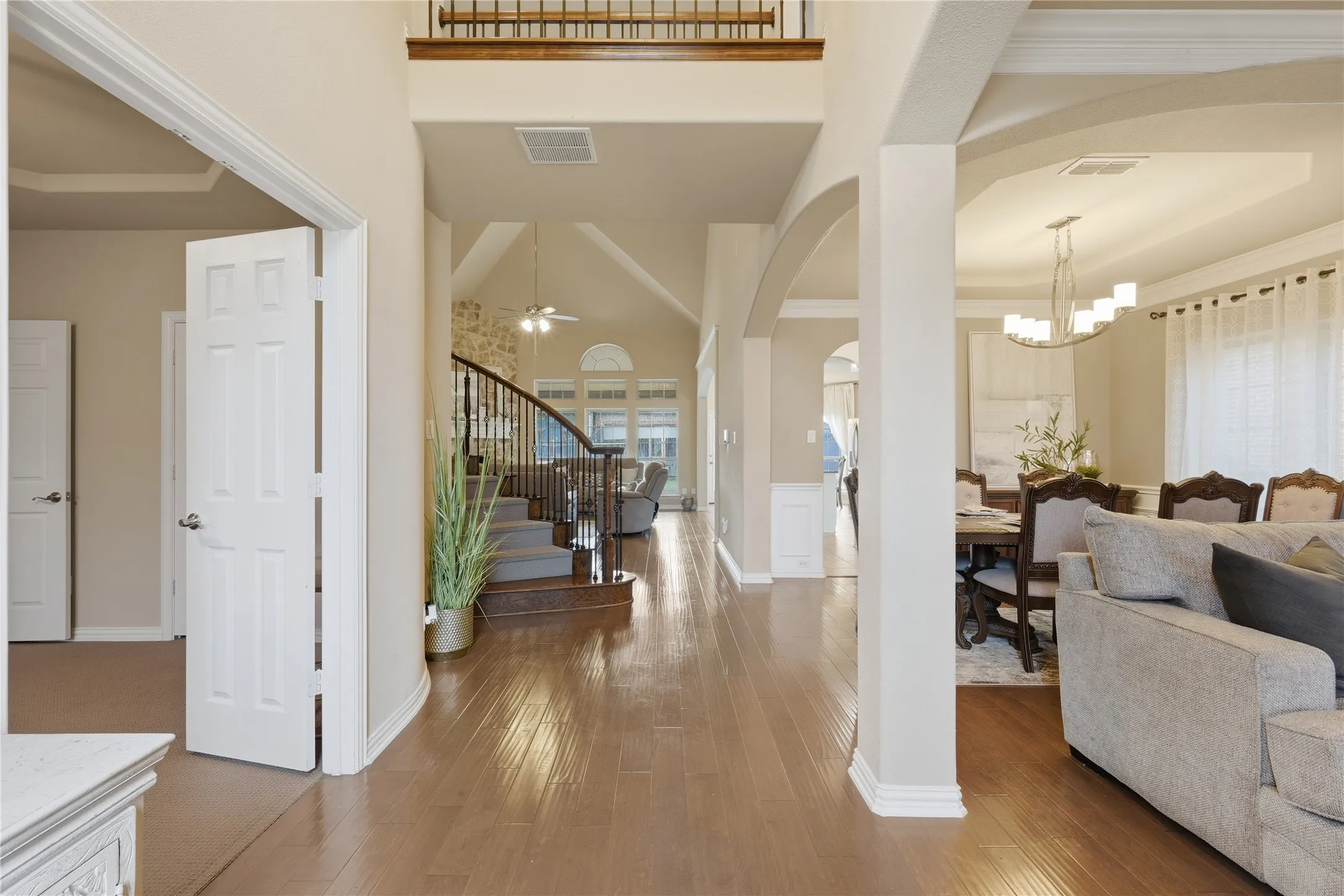 Hardwood-finish flooring throughout the main level