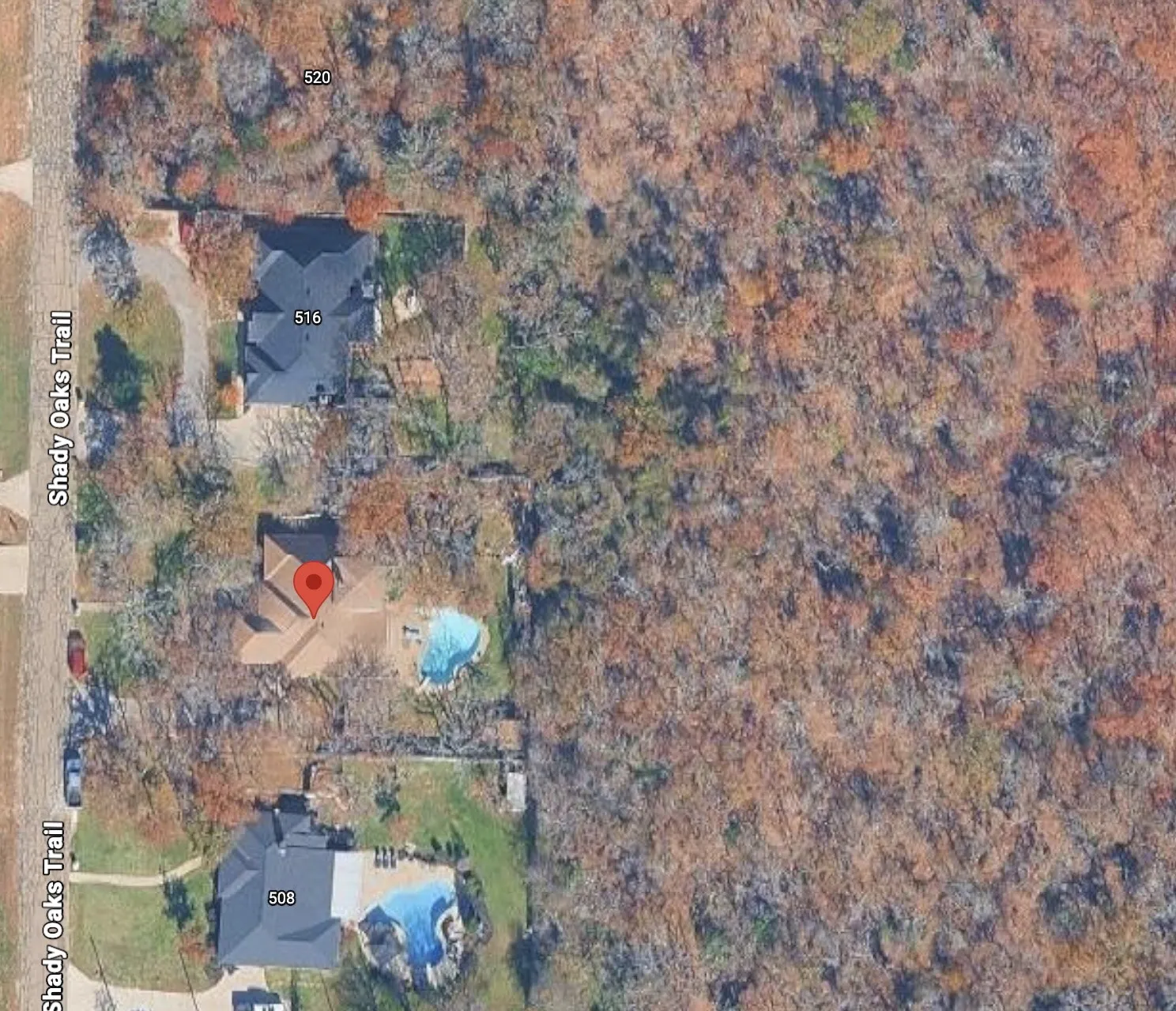 Aerial Map. Illustrating the property's location relative to Shady Oaks Trail and surrounding structures