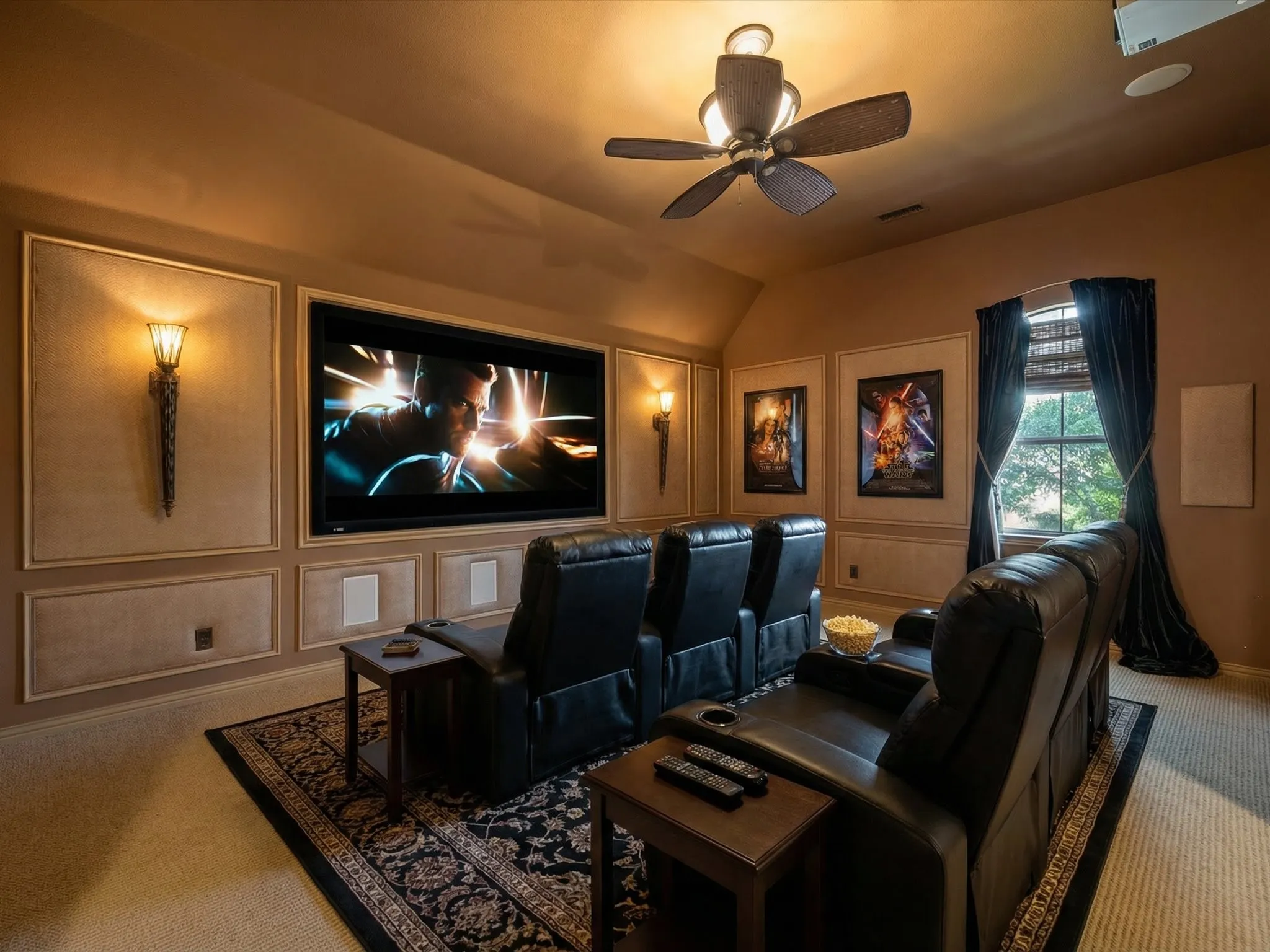 Wall-mounted screen, decorative wall sconces, ceiling fan, window with drapery, and carpeted flooring