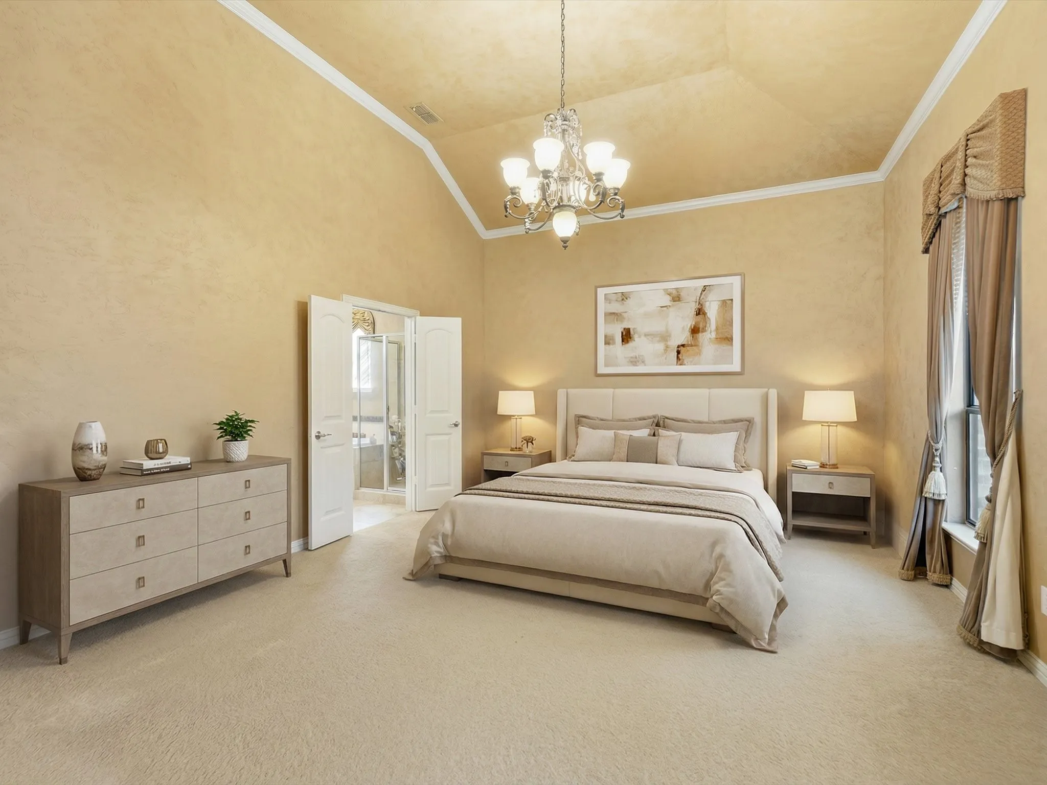 Vaulted ceiling with crown molding and chandelier