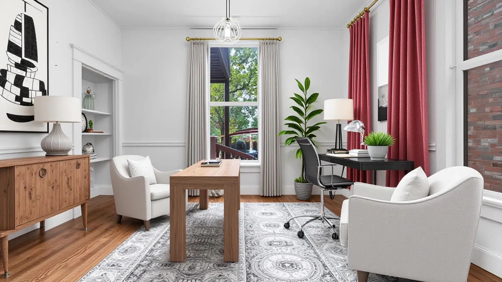 Hardwood flooring throughout, built-in shelving, large windows with white trim, and a modern pendant light fixture