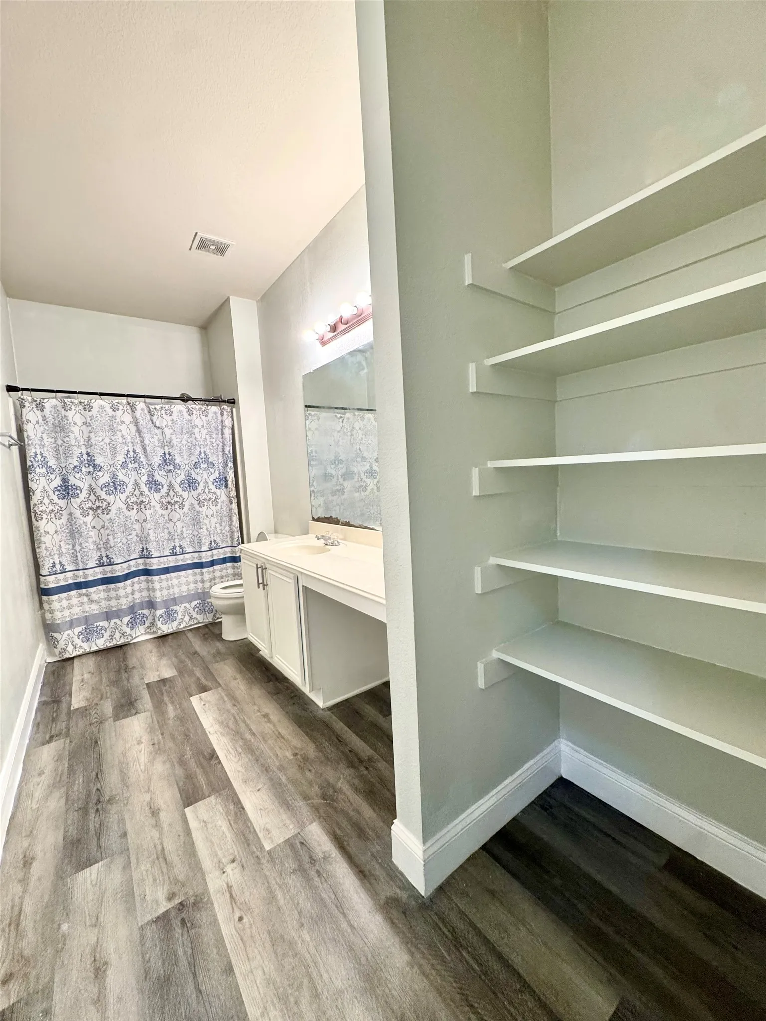 Wood-finish flooring, built-in shelving, vanity with integrated countertop, and an attached mirror