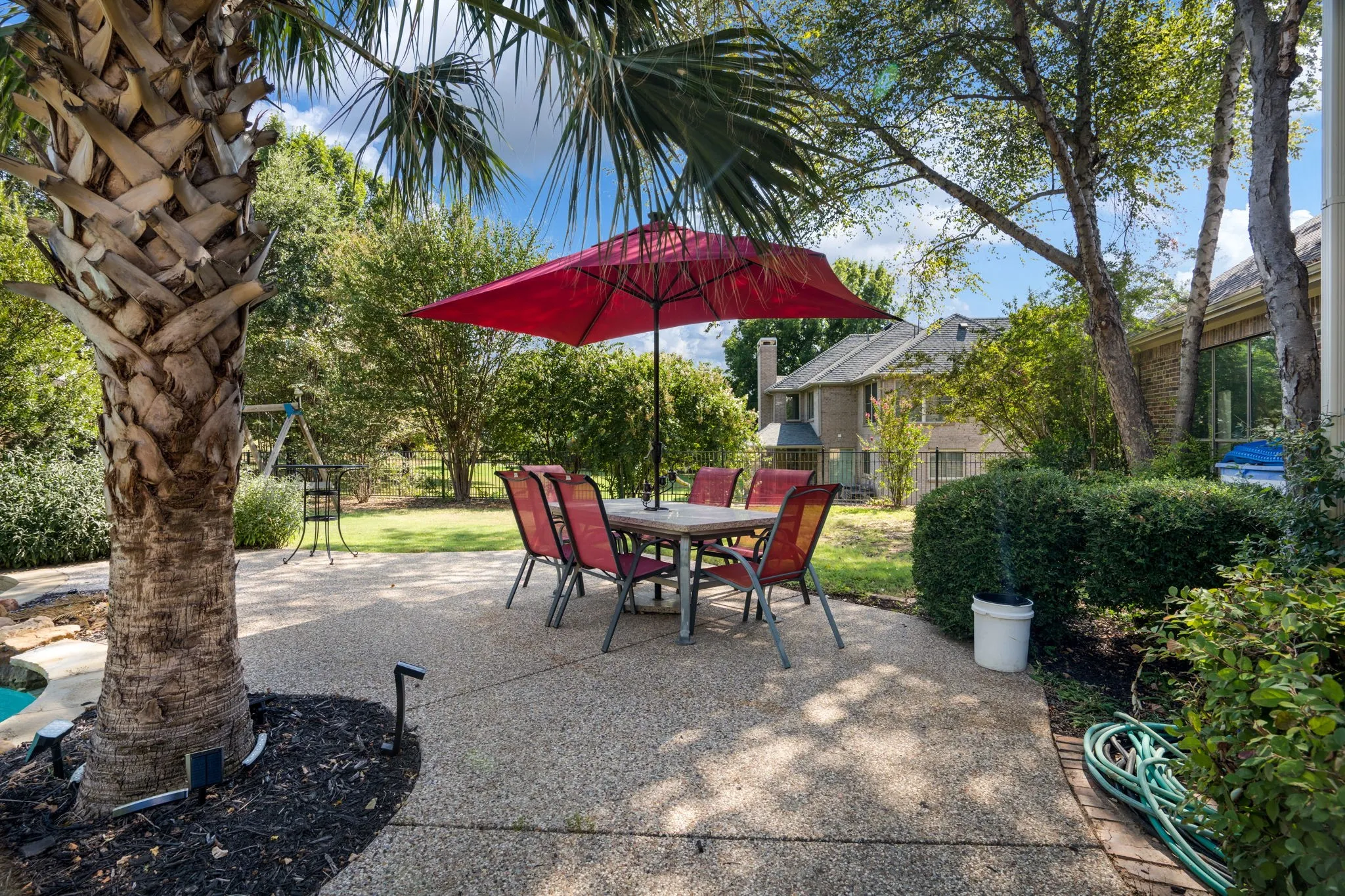 Expansive outdoor patio with exposed aggregate surface, mature palm tree, and lush perimeter landscaping