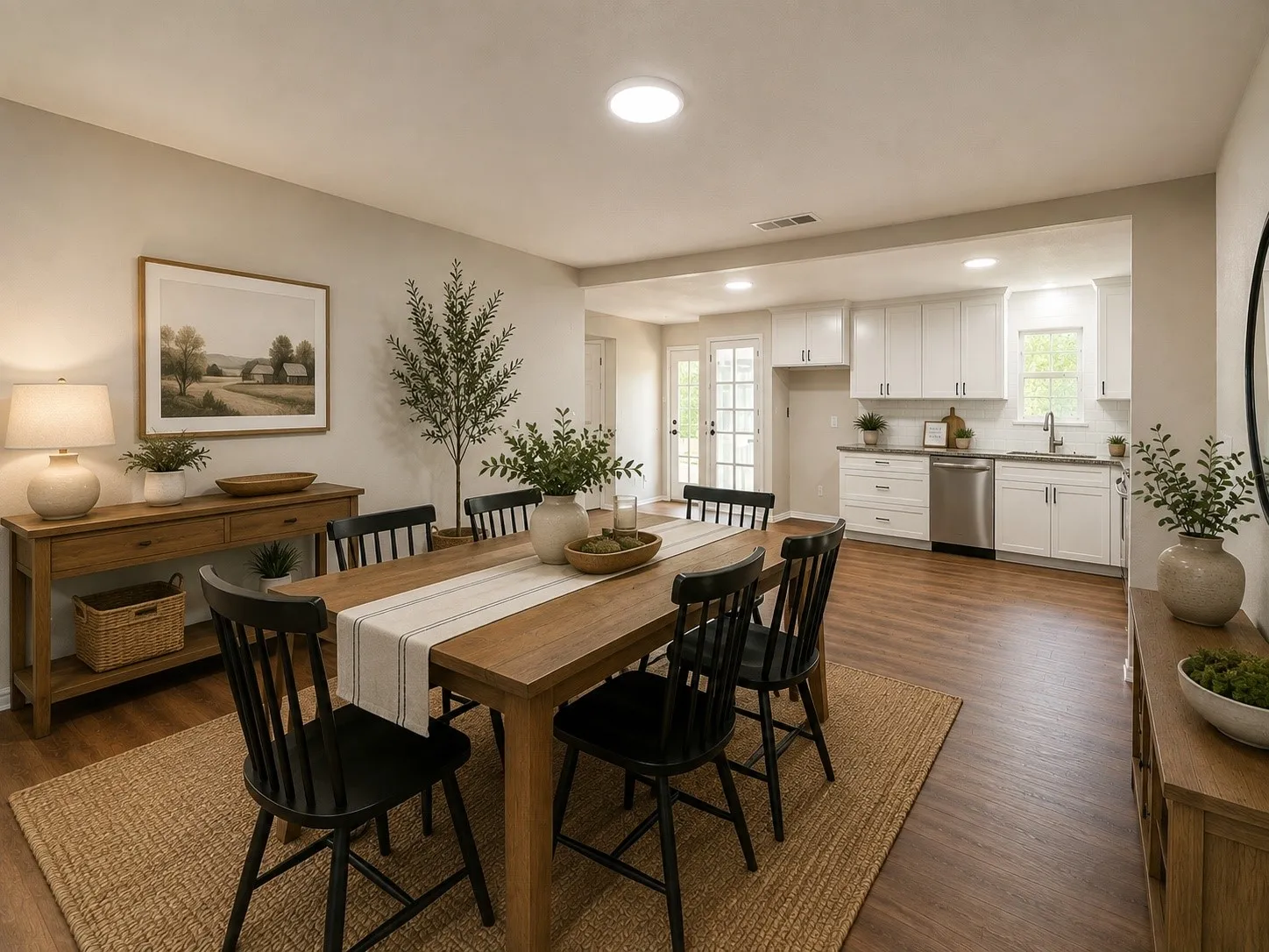 STAGED by A.I.
Recessed ceiling lighting, wood-finish flooring, white kitchen cabinetry, stainless steel dishwasher, and French doors