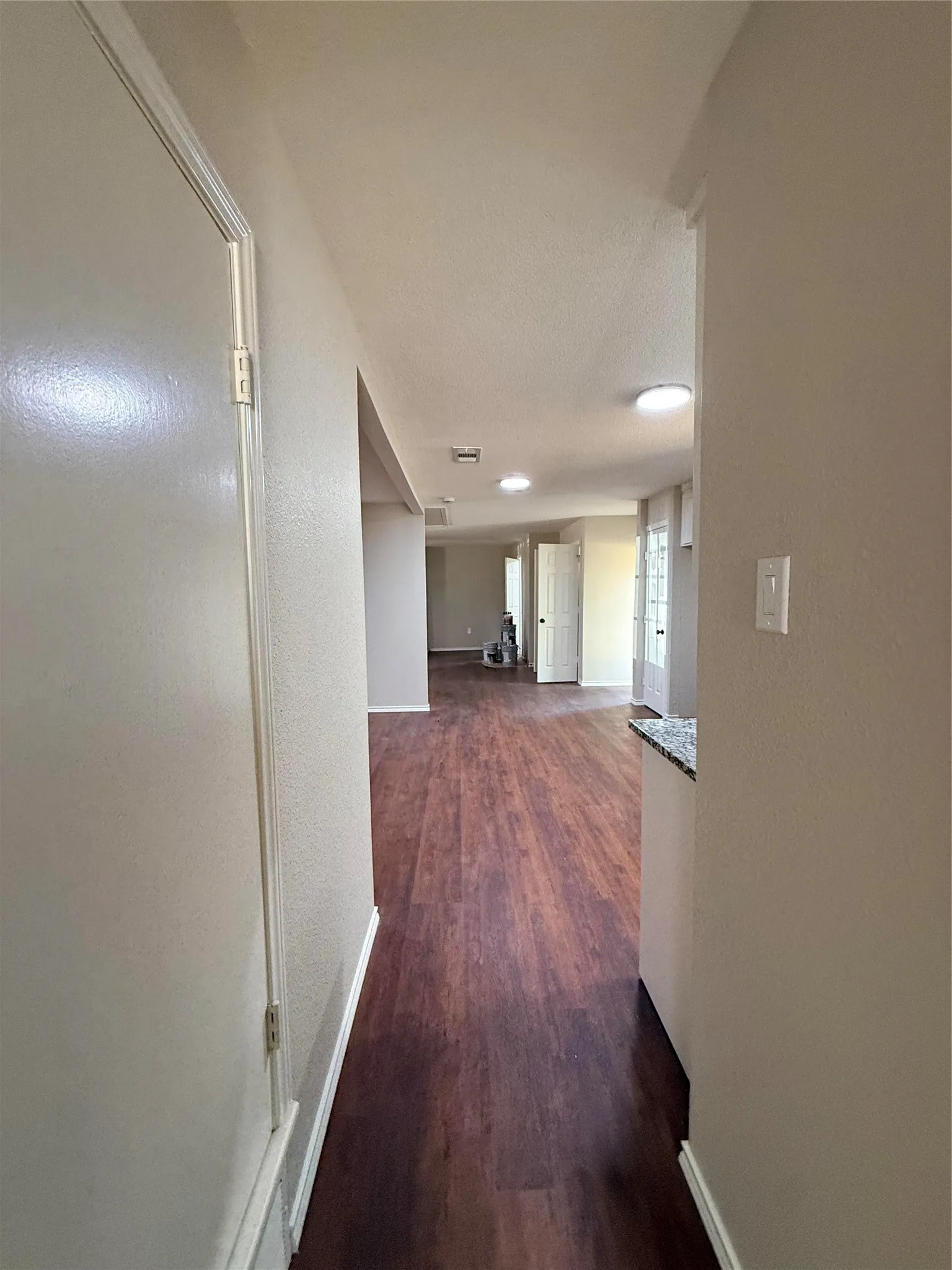 Wood-finish flooring throughout, recessed lighting, and a neutral color palette