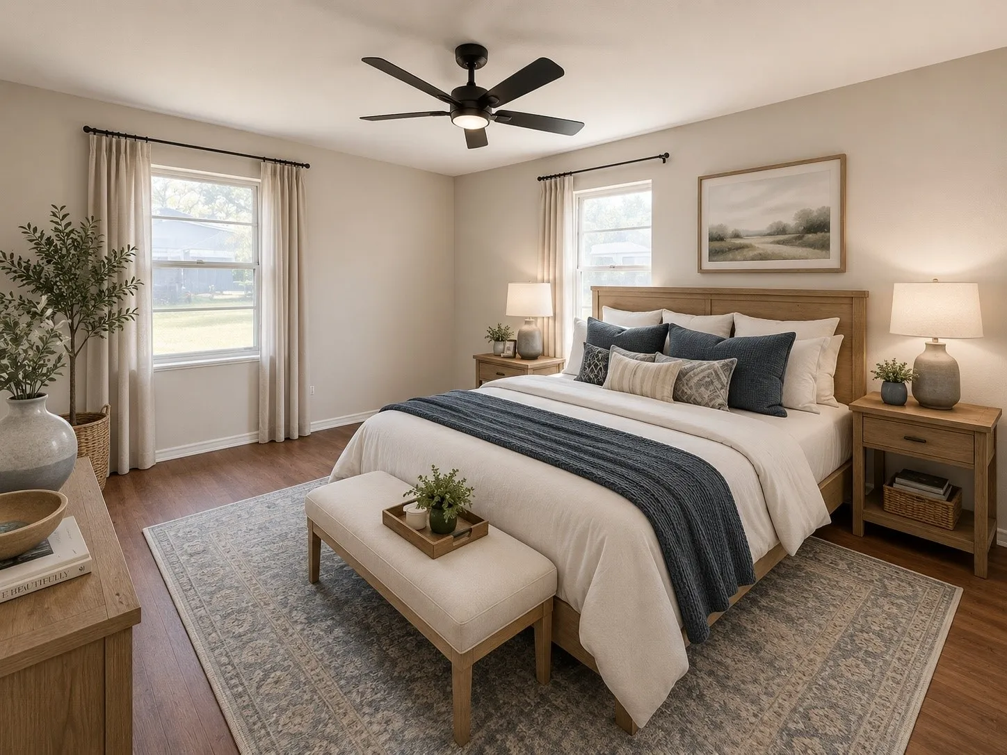 STAGED by A.I.
Wood-finish flooring, dual windows, and a ceiling fan with integrated lighting