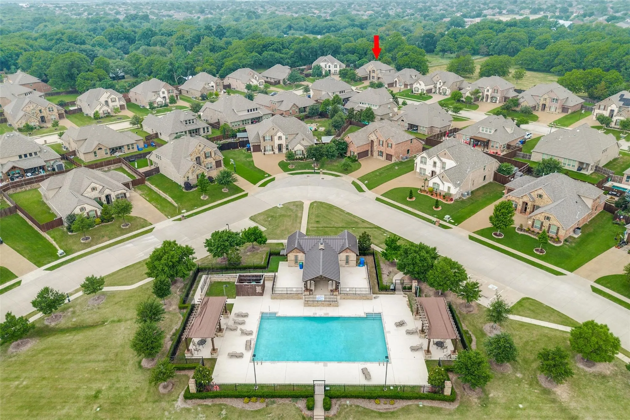 Aerial view of Waters Edge neighborhood showing pool area.