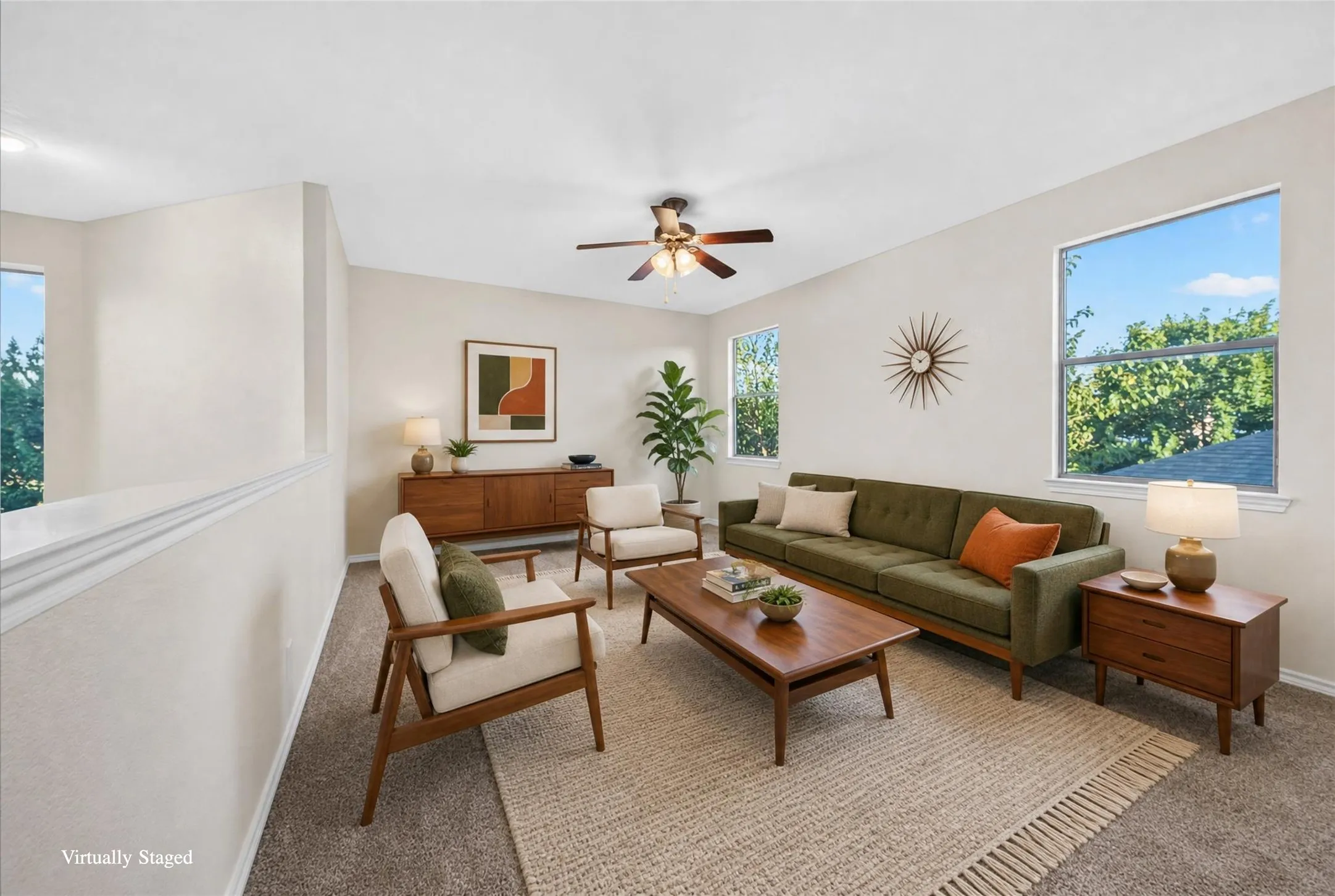 Carpet flooring, white walls, and a ceiling fan with light fixture