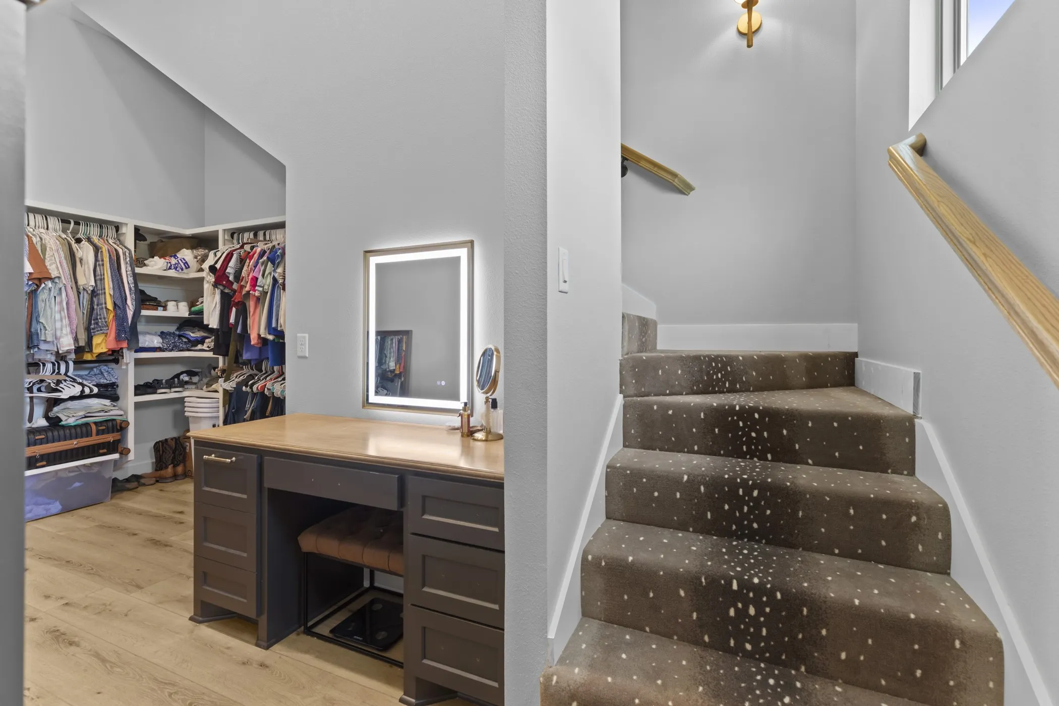 Custom built-in closet system with shelving and hanging rods