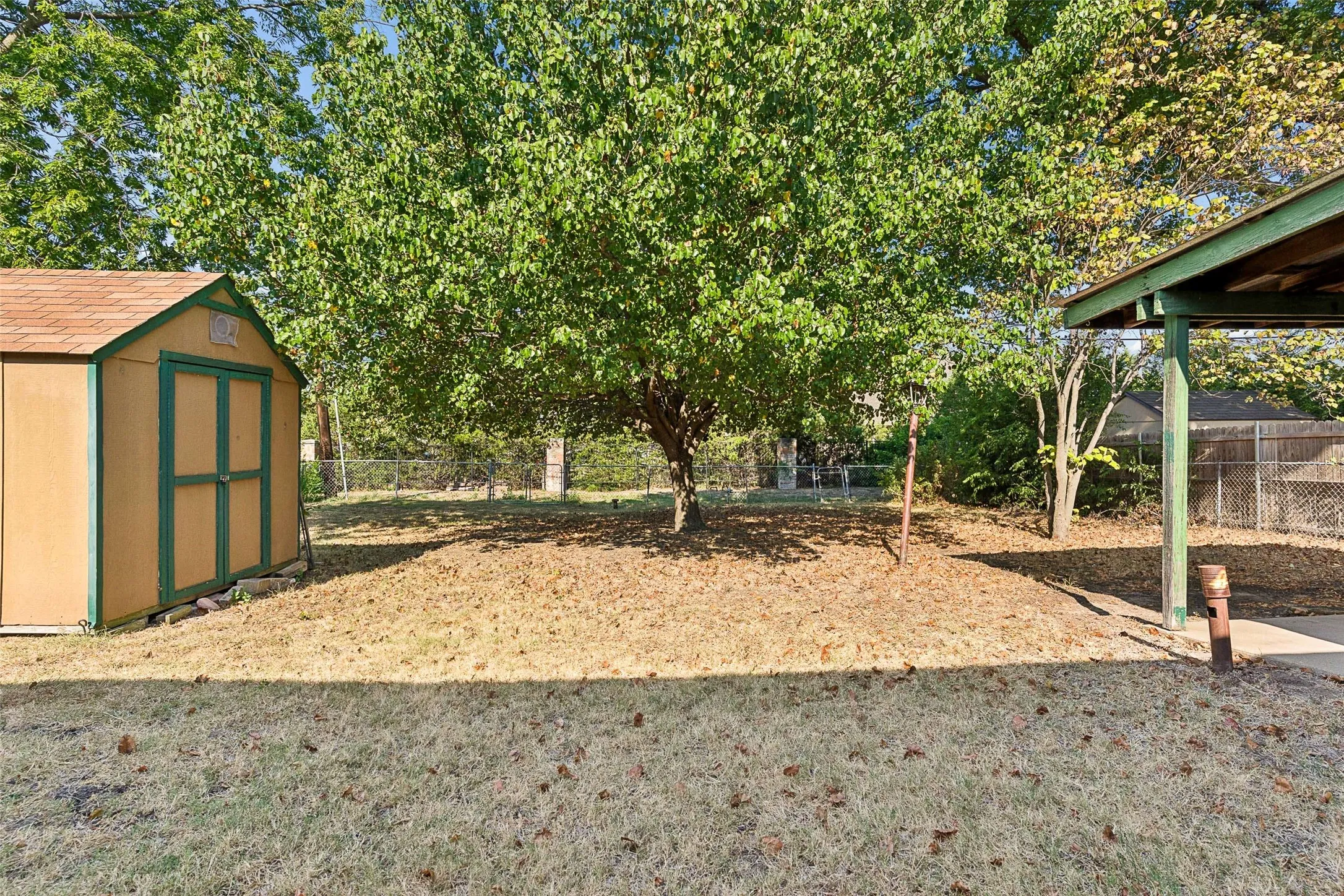 Backyard featuring a shed with a shingle roof, mature tree, and a covered patio area with a concrete slab