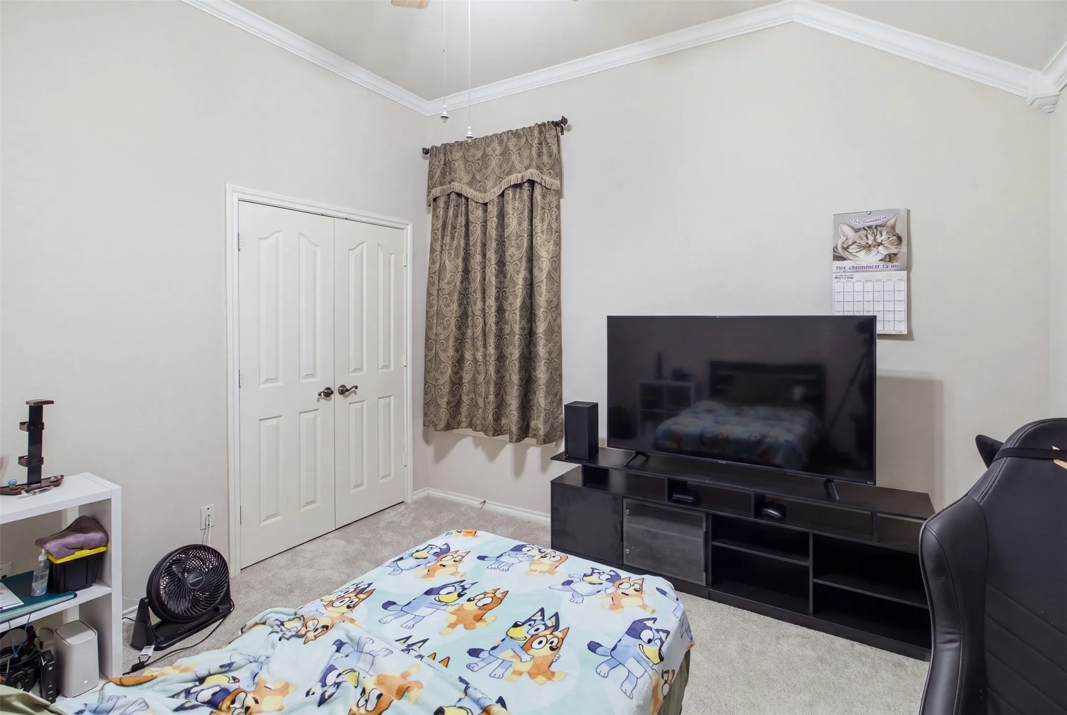 Vaulted ceiling with crown molding, light-toned carpeting, and a double-door closet