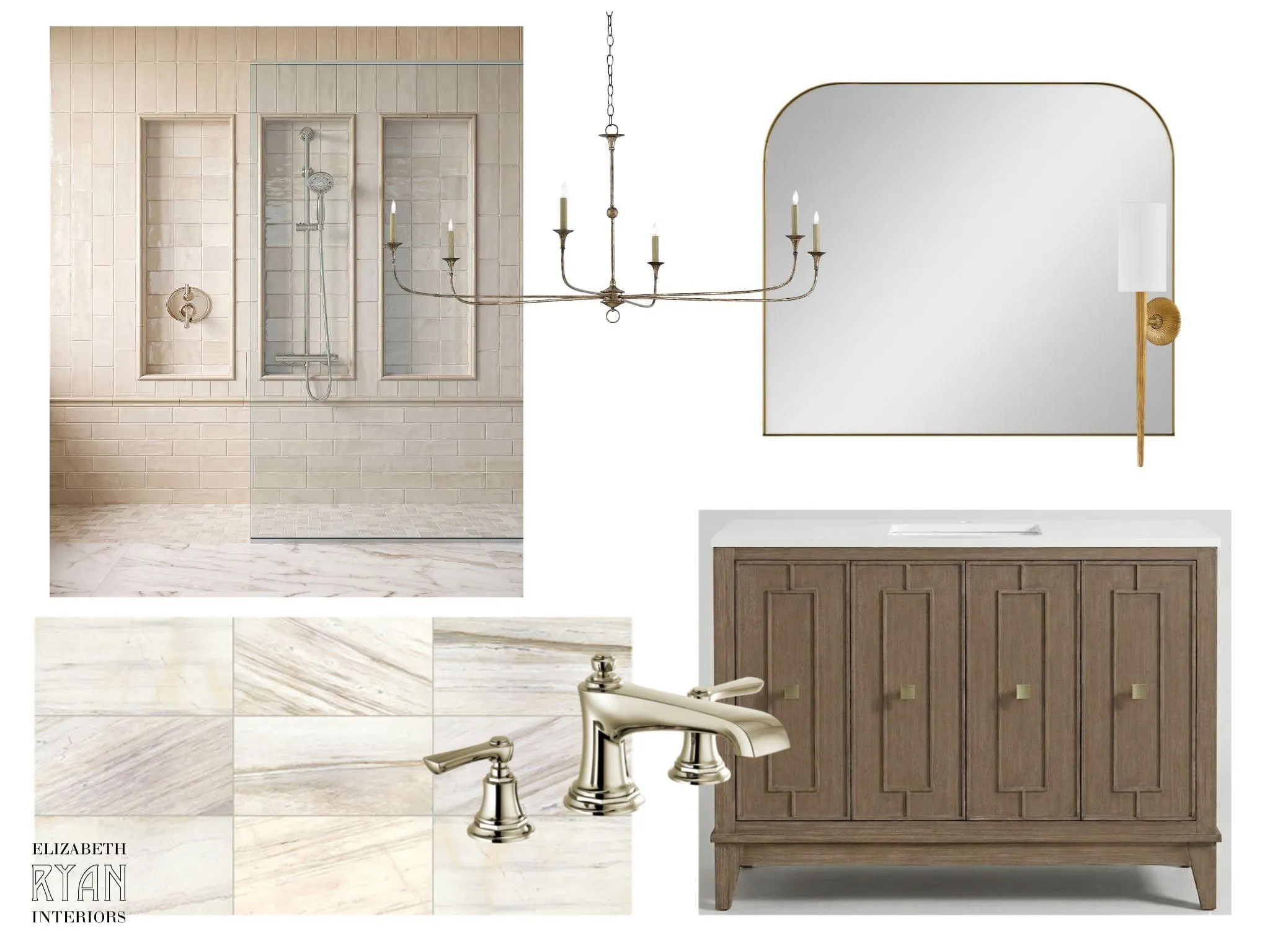 Planned designer finishes for primary bathroom.