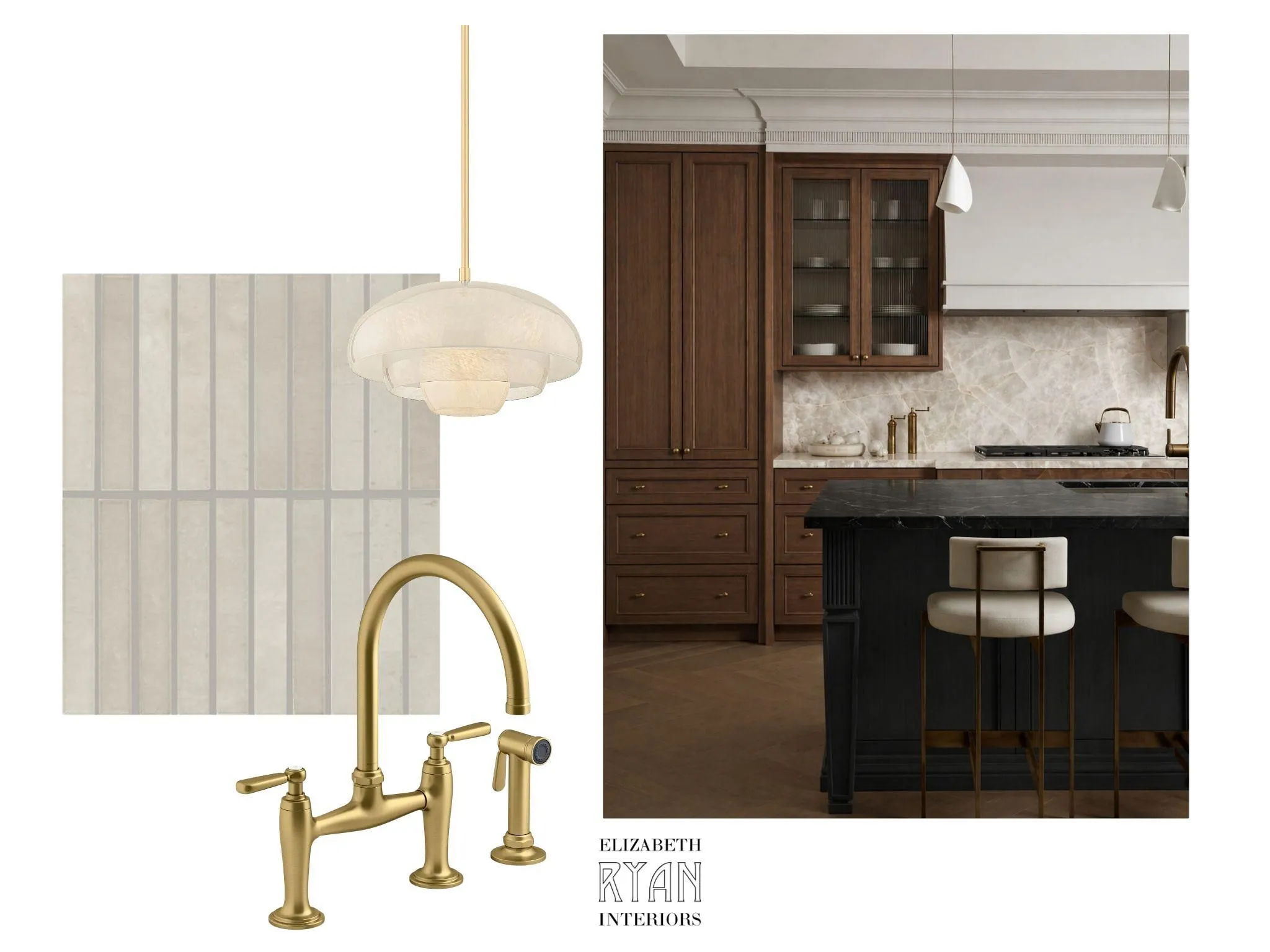 Planned designer finishes for chef's kitchen, open to family room.