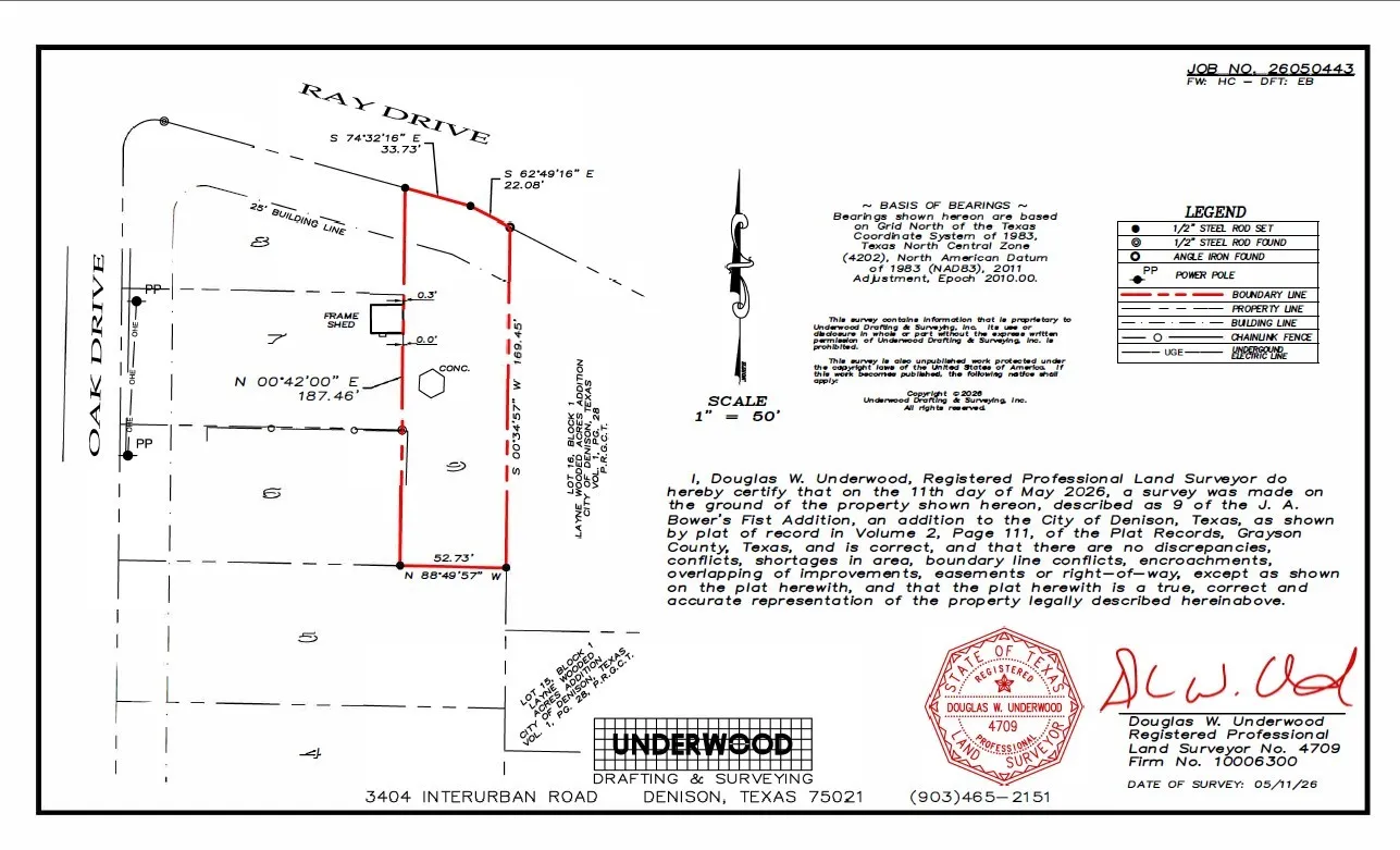 Survey Plat. Depicting the property boundaries, dimensions, and relevant features, including a land surveyor's certification