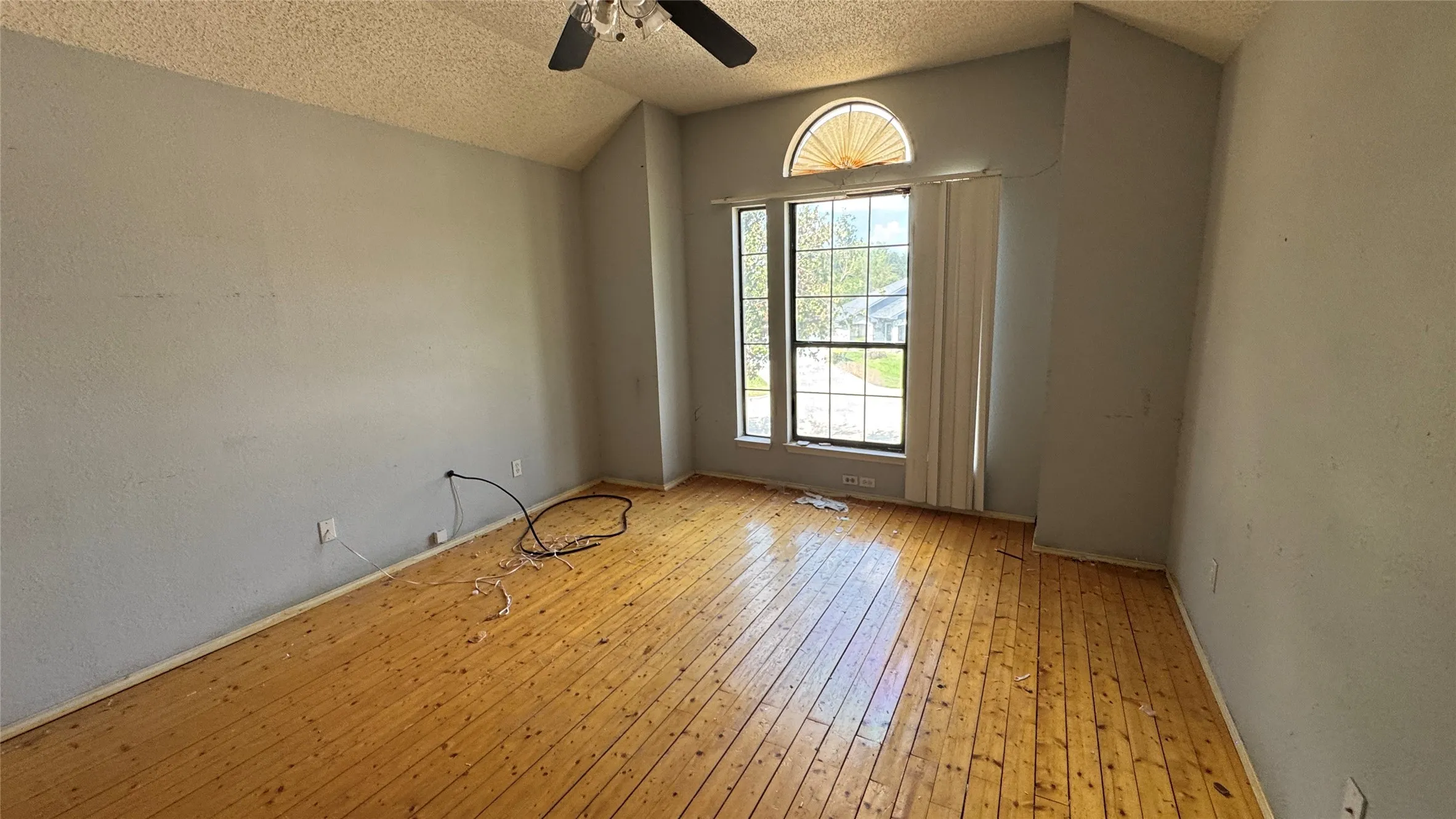 Vaulted ceiling featuring a ceiling fan, wood-finish flooring, and a large window with an arch-top transom