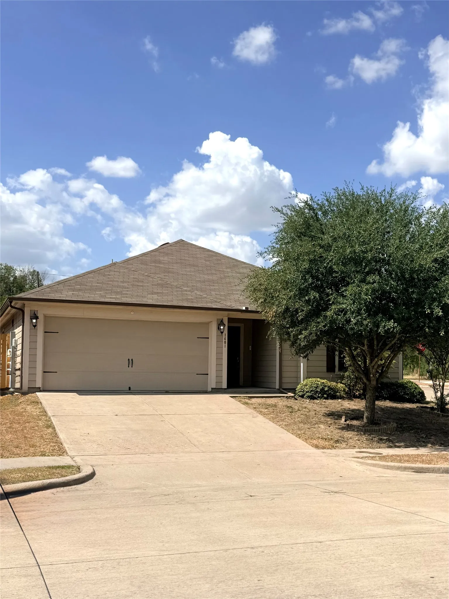 Single-story residence featuring a two-car garage, concrete driveway, and a gabled roof