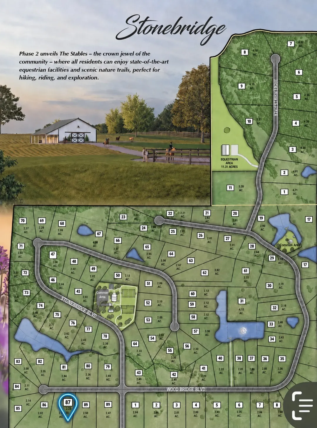 Development Plan. Illustrating the layout of the property, including individual parcels, roads, and designated common areas