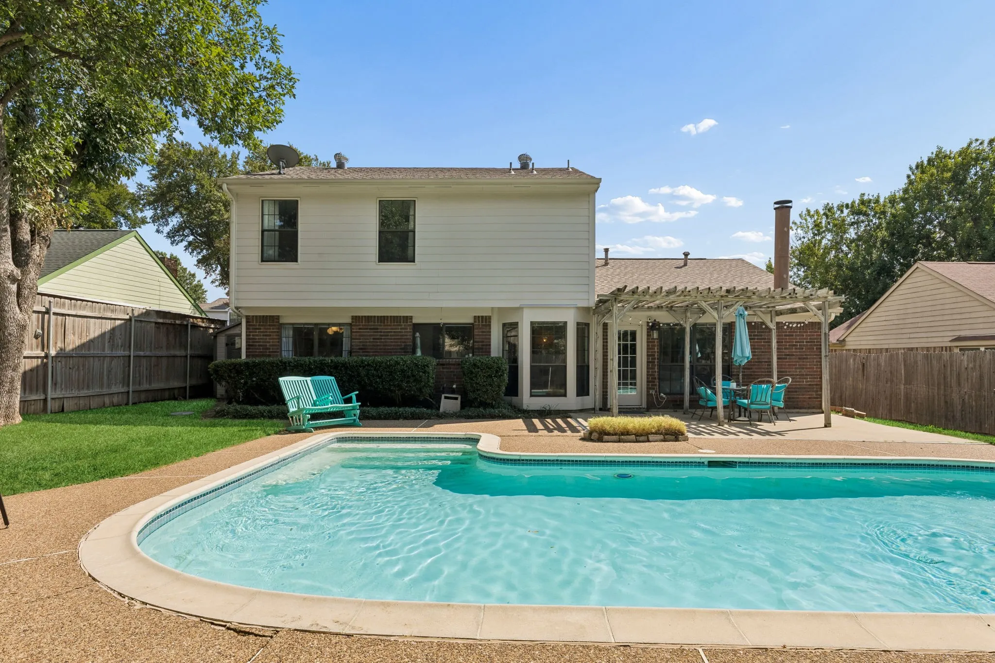 Private Backyard with Swimming Pool, Mature Trees and Pergola-Covered Patio