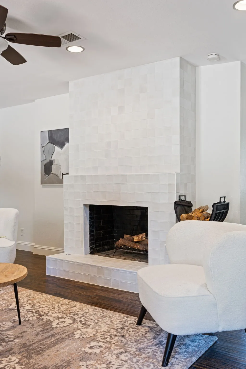 Remodeled Fireplace with Zellige look tile.