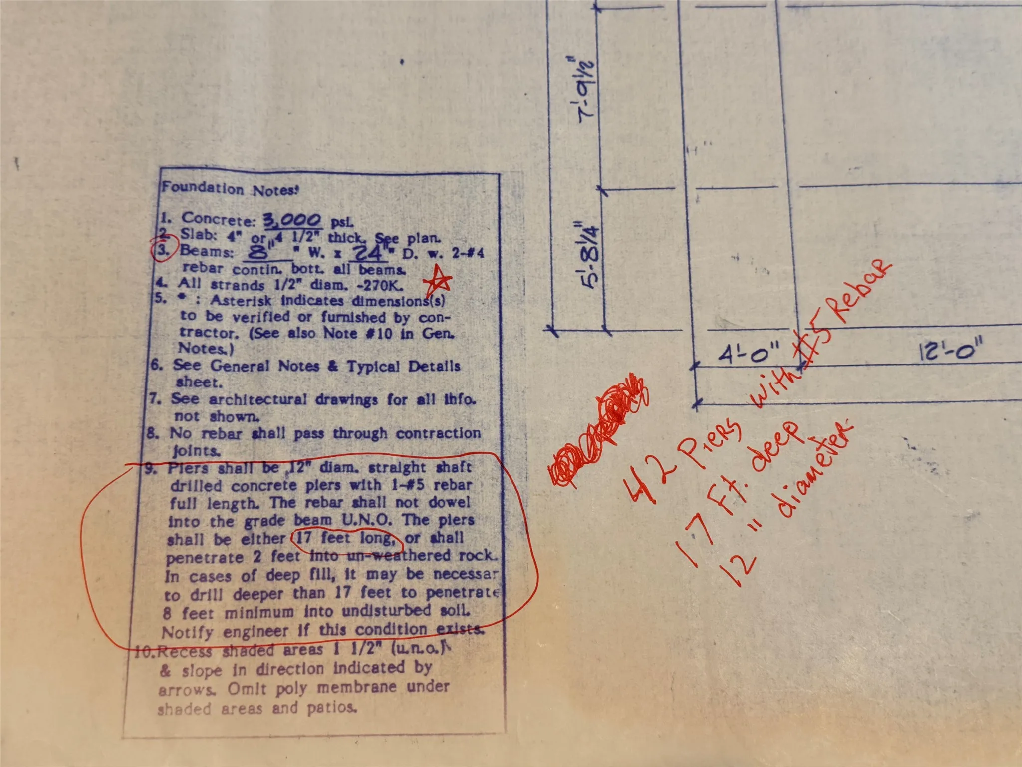 Building Plans, Foundation Notes. Detailing structural specifications for the property's foundation, including concrete strength, slab dimensions, beam specifications, and pier requirements