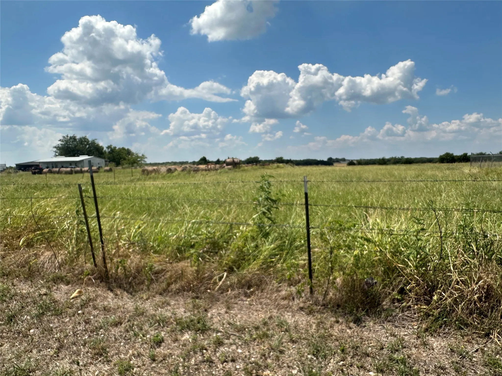 Expansive grassy landscape with distant structures under a blue sky
