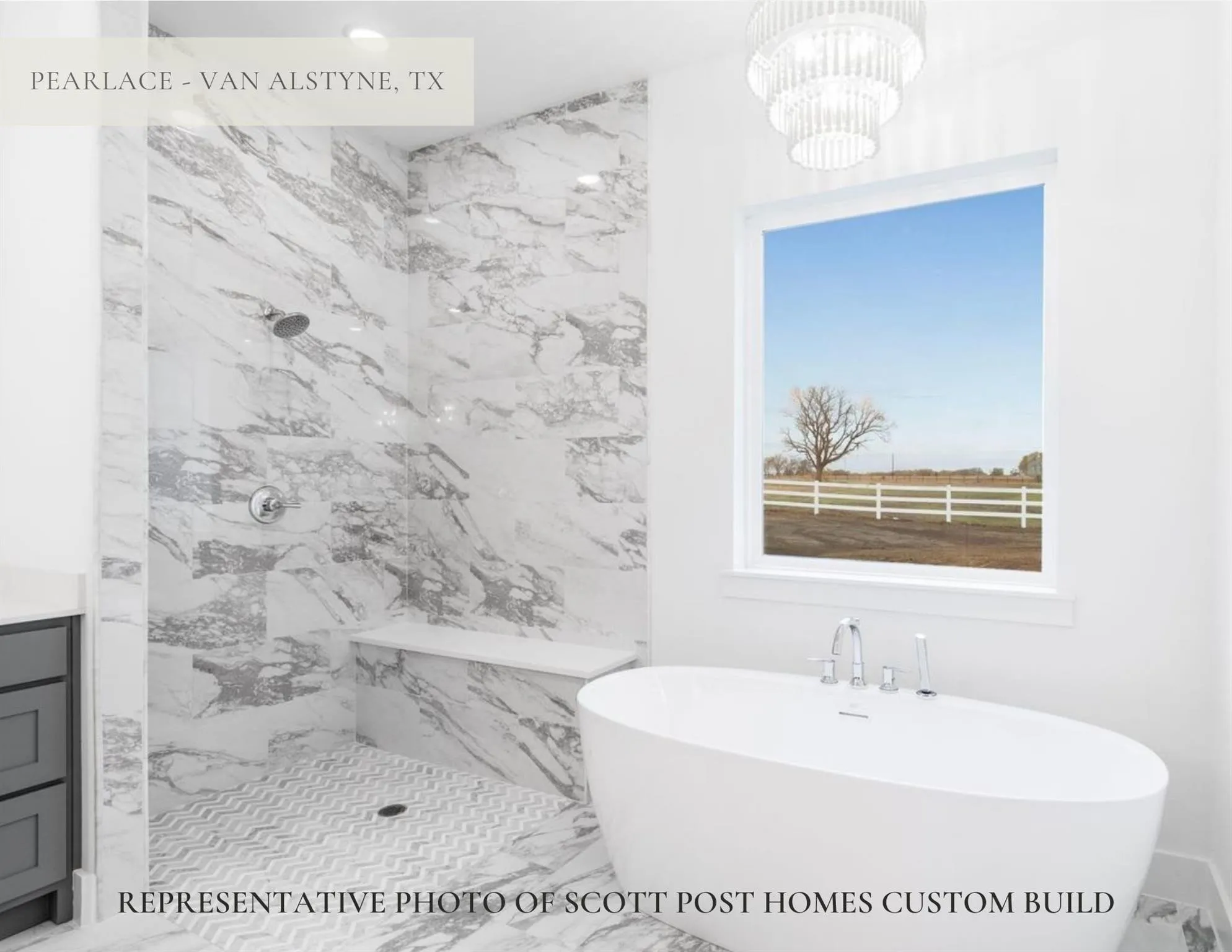 Freestanding soaking tub with chrome fixtures, large window with expansive outdoor scenery, walk-in shower with marble-finish tile surround, integrated shower bench, and patterned floor tile