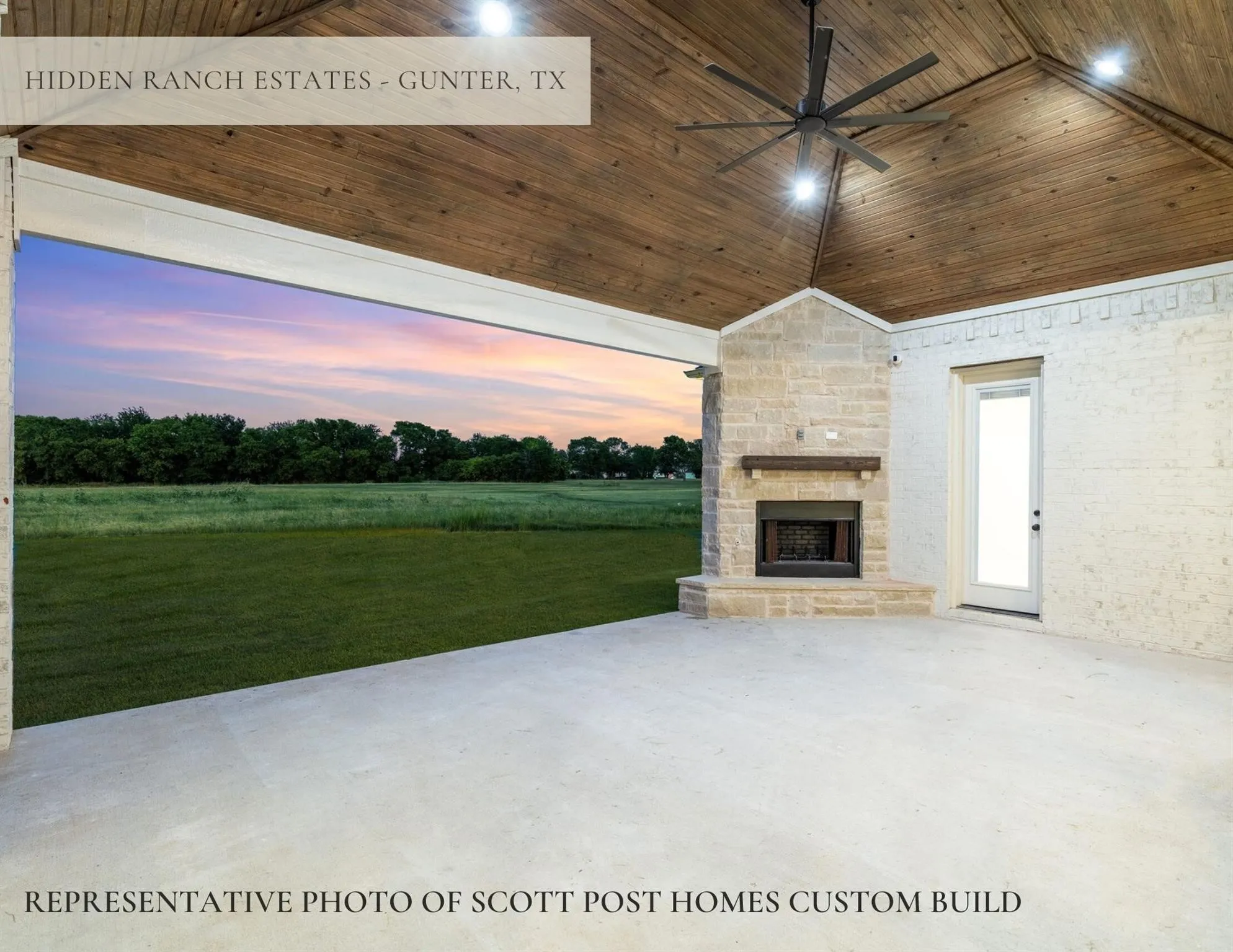 Covered outdoor patio with a stone fireplace, wood-planked vaulted ceiling, and a large ceiling fan