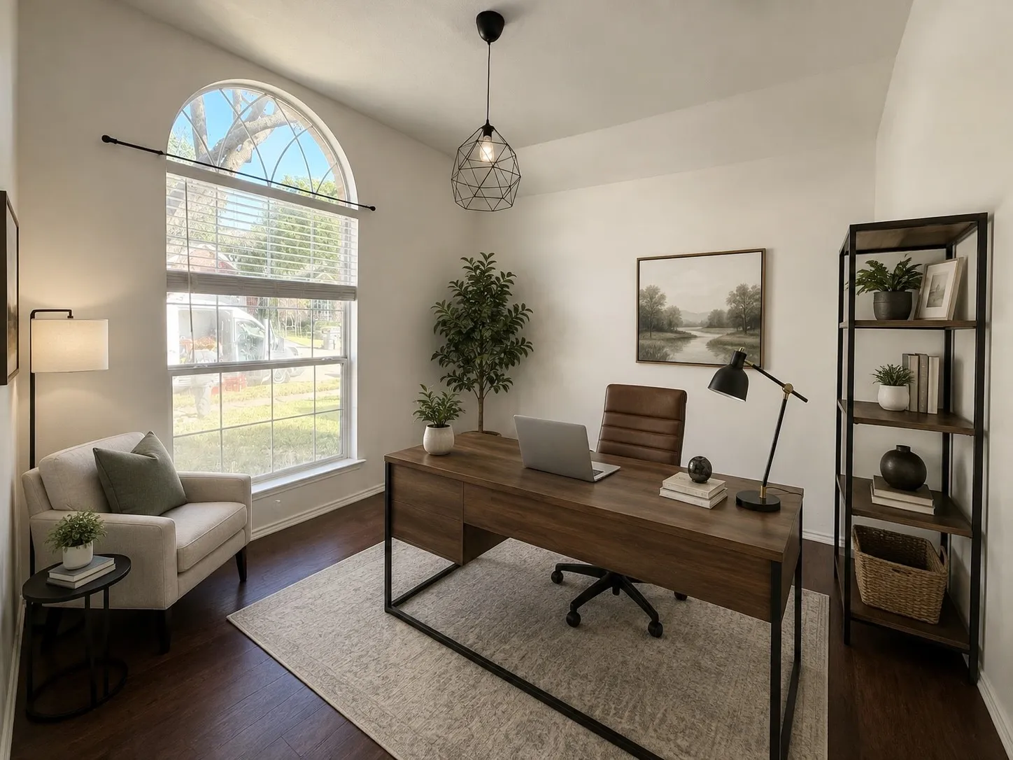 Arched window with decorative grille, dark wood-finish flooring, vaulted ceiling, and recessed lighting