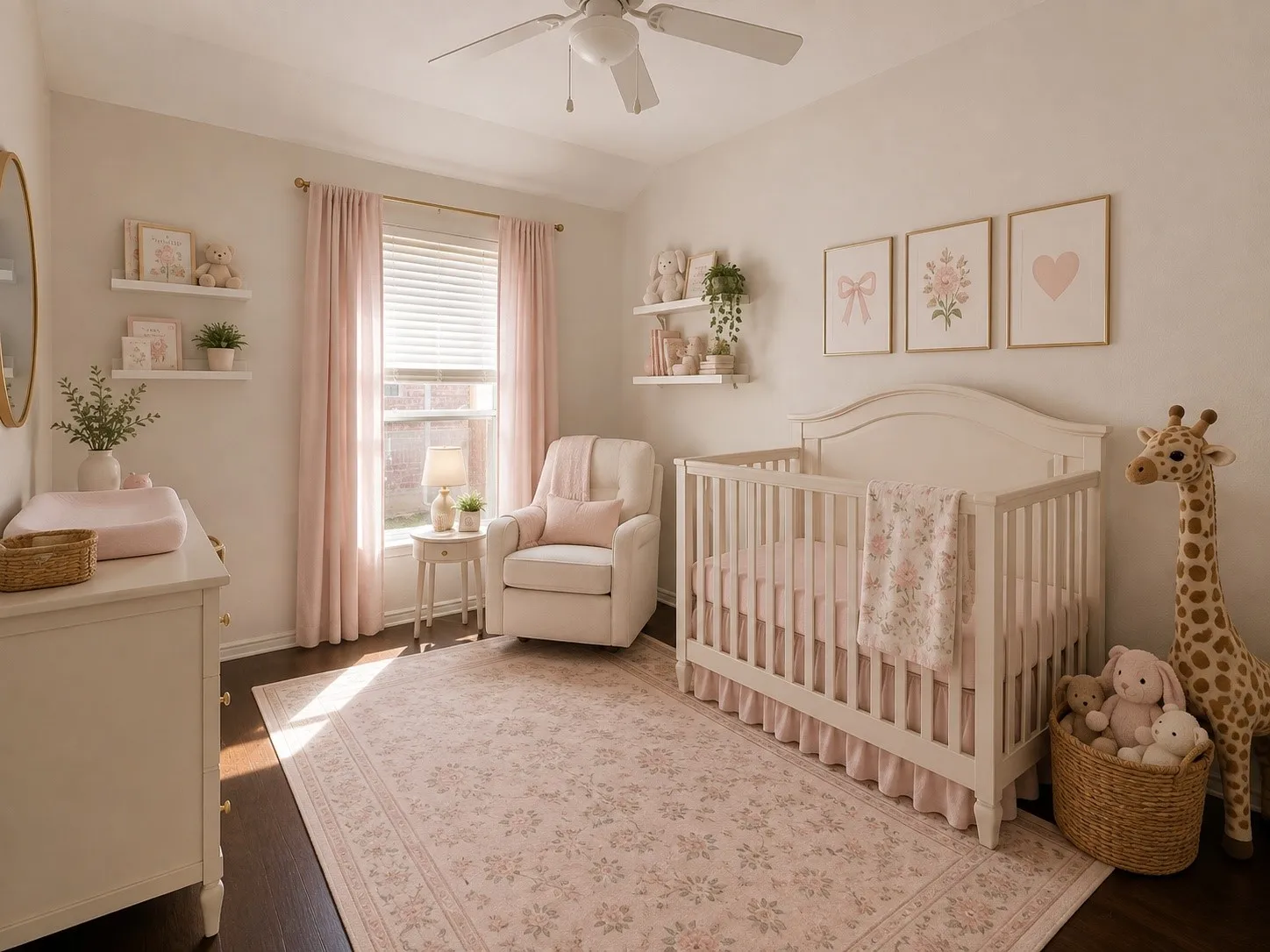 Ceiling fan with light fixture, window with blinds, wood-finish flooring, built-in floating shelves, white painted walls