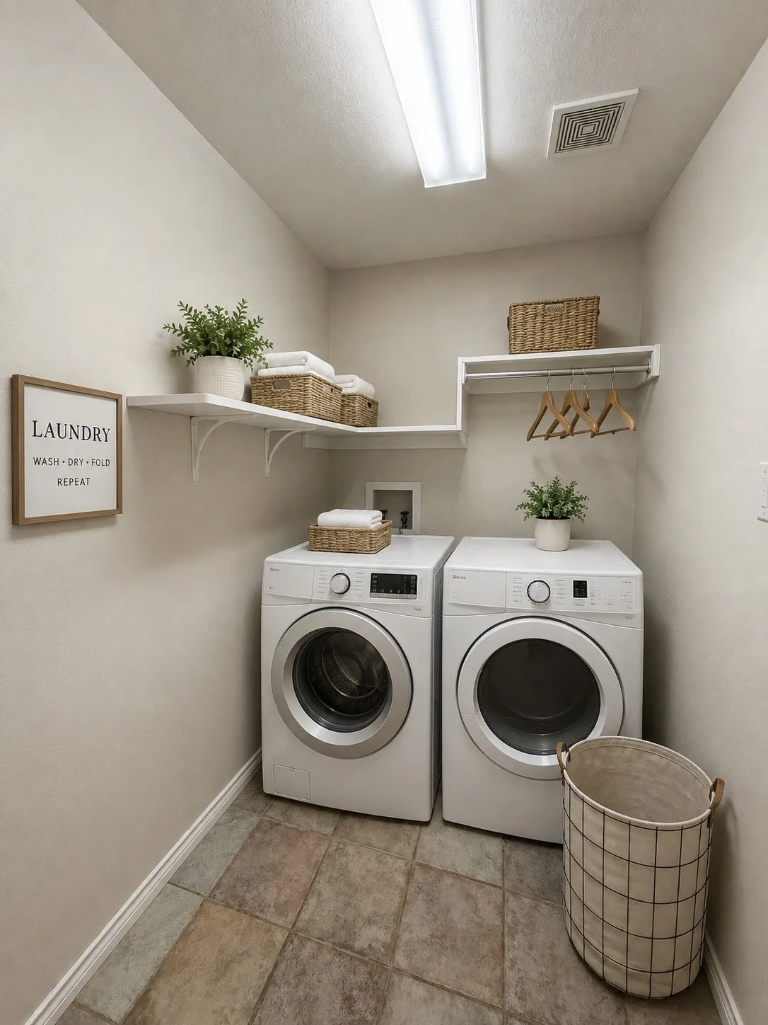 Ceramic tile flooring, built-in shelving, clothes hanging rod, and ceiling-mounted fluorescent lighting fixture
