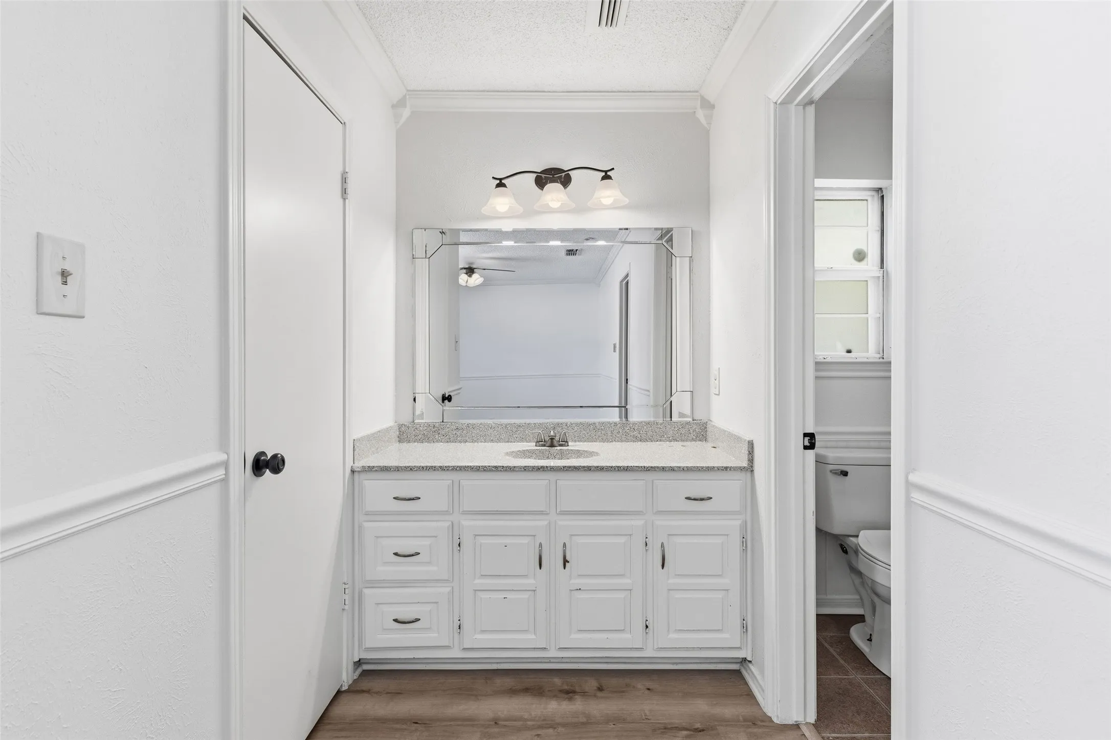 Vanity in the primary bedroom and door to the large walk-in closet on the left and bathroom with shower on the right