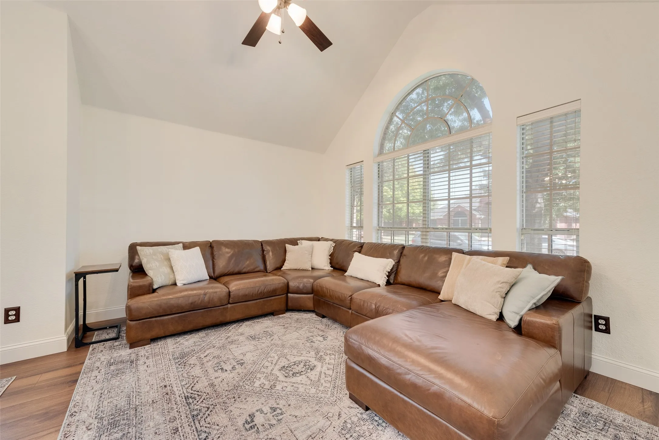 Wood-finish flooring with white baseboards, vaulted ceiling, and an arched window with multiple panes