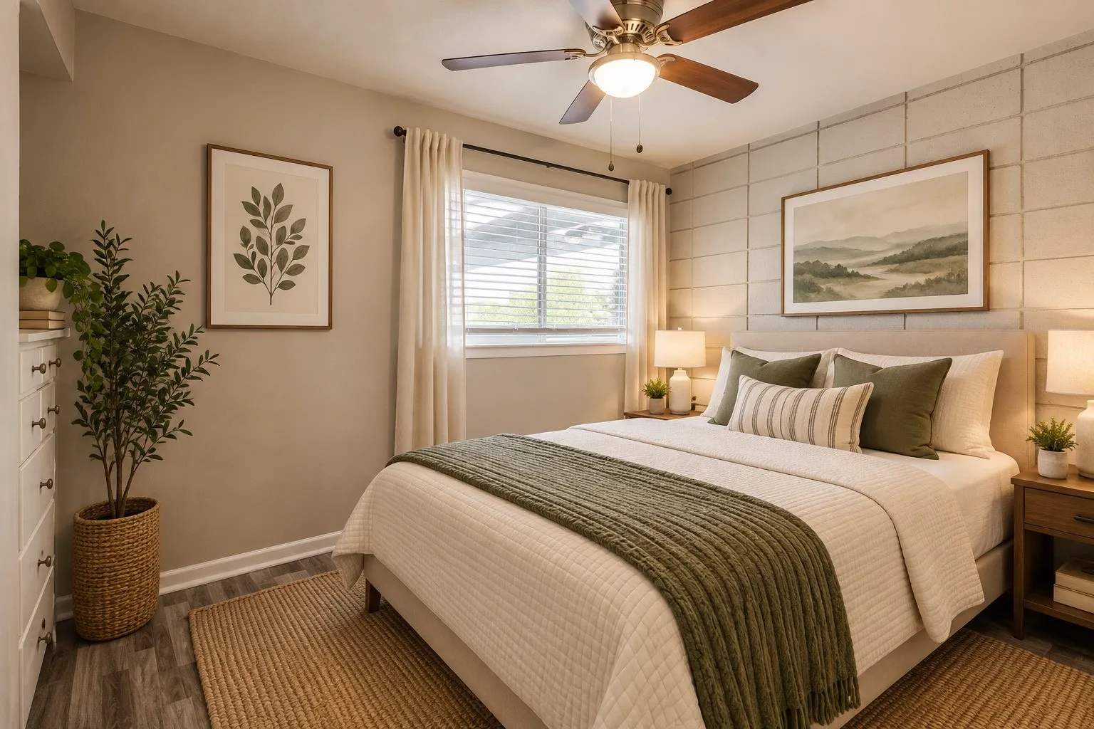 Wall-mounted headboard with textured accent wall, wood-finish flooring, and a ceiling fan with integrated lighting