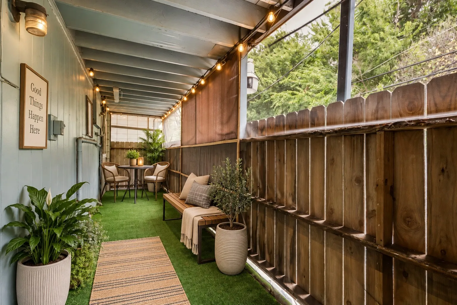 Covered outdoor patio with artificial turf flooring, string lighting, and a wood fence
