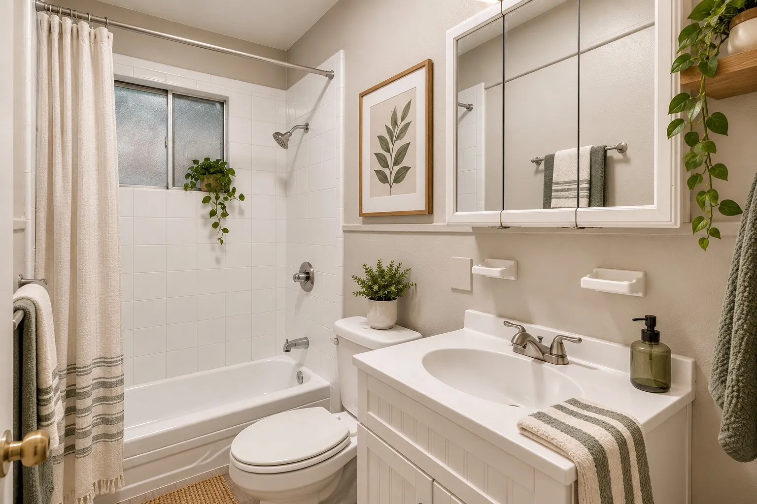 White subway tile shower surround with a built-in tub, white vanity with an integrated sink, and an overhead mirrored medicine cabinet