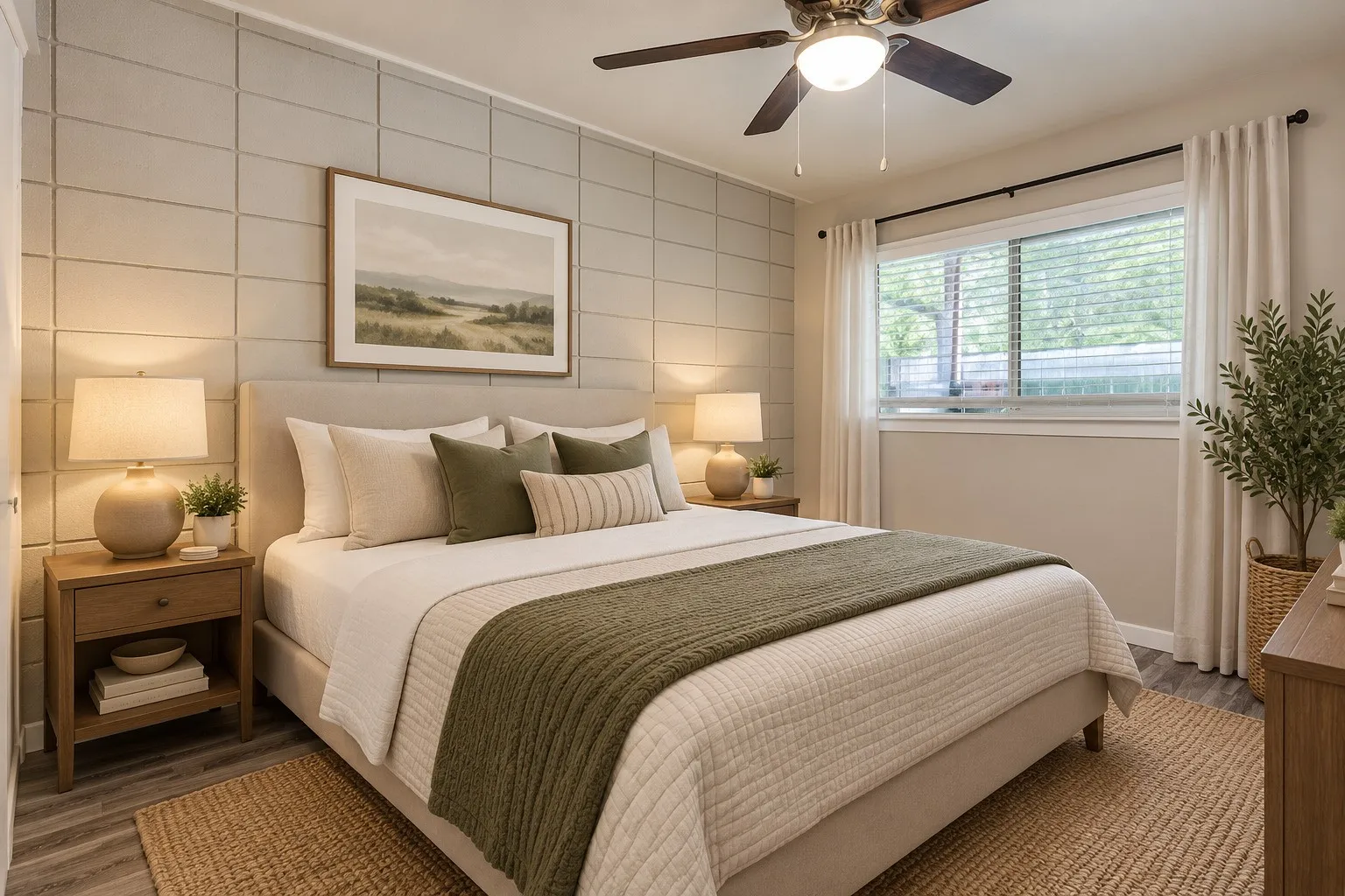 Textured accent wall, wood-finish flooring, ceiling fan with integrated lighting, window with blinds, and built-in closet