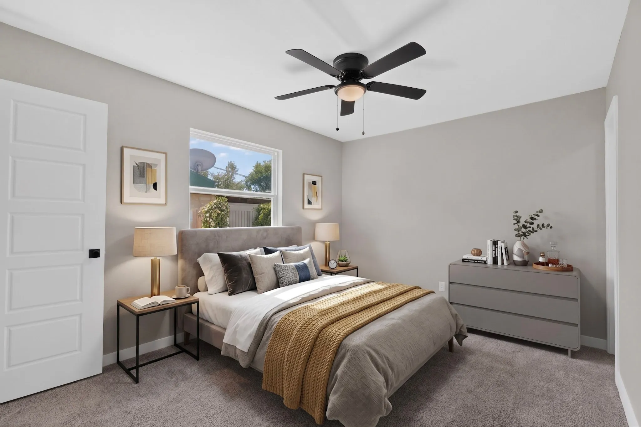 Recessed window, contemporary ceiling fan, light gray wall finish, paneled interior door, and plush carpet flooring