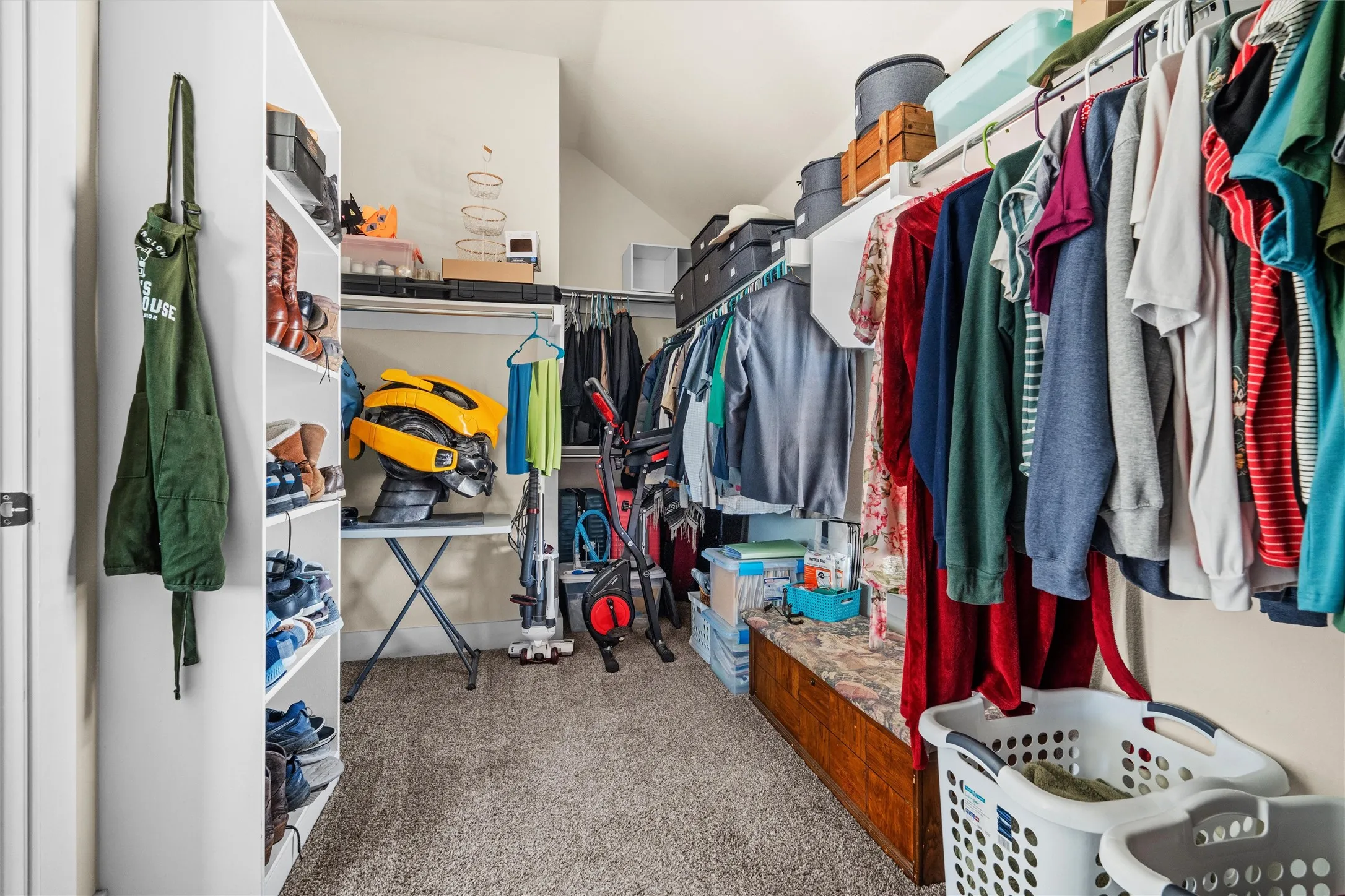 Built-in shelving, integrated hanging rods, and neutral carpet
