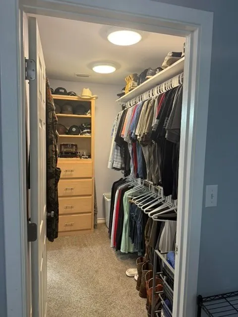 Barndominium - Walk-in closet with overhead lighting, built-in shelving, and wood-finish drawer storage.