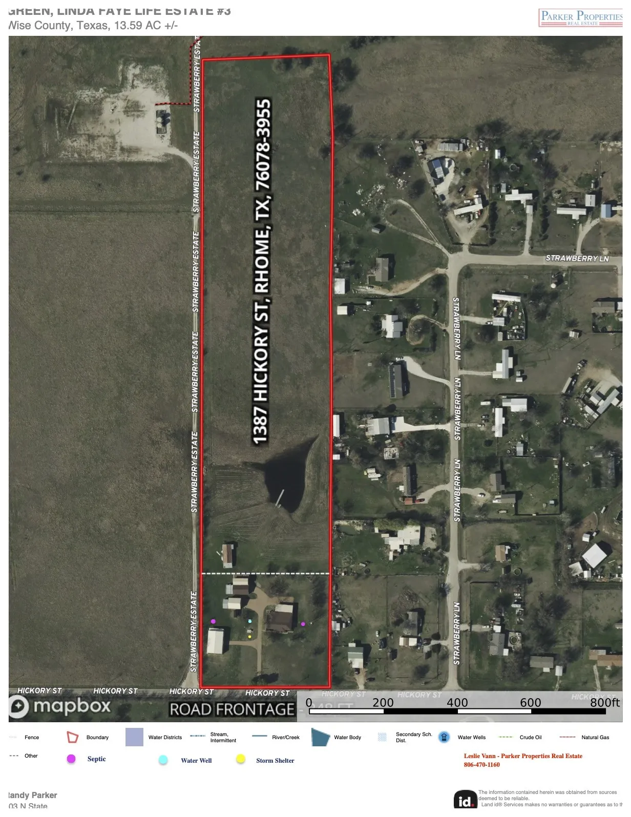 Aerial Map. Identifying the property boundaries and surrounding area of the parcel at 1387 Hickory St, Rhome, TX, 76078-3955, Wise County, Texas, 13.76 AC +/-