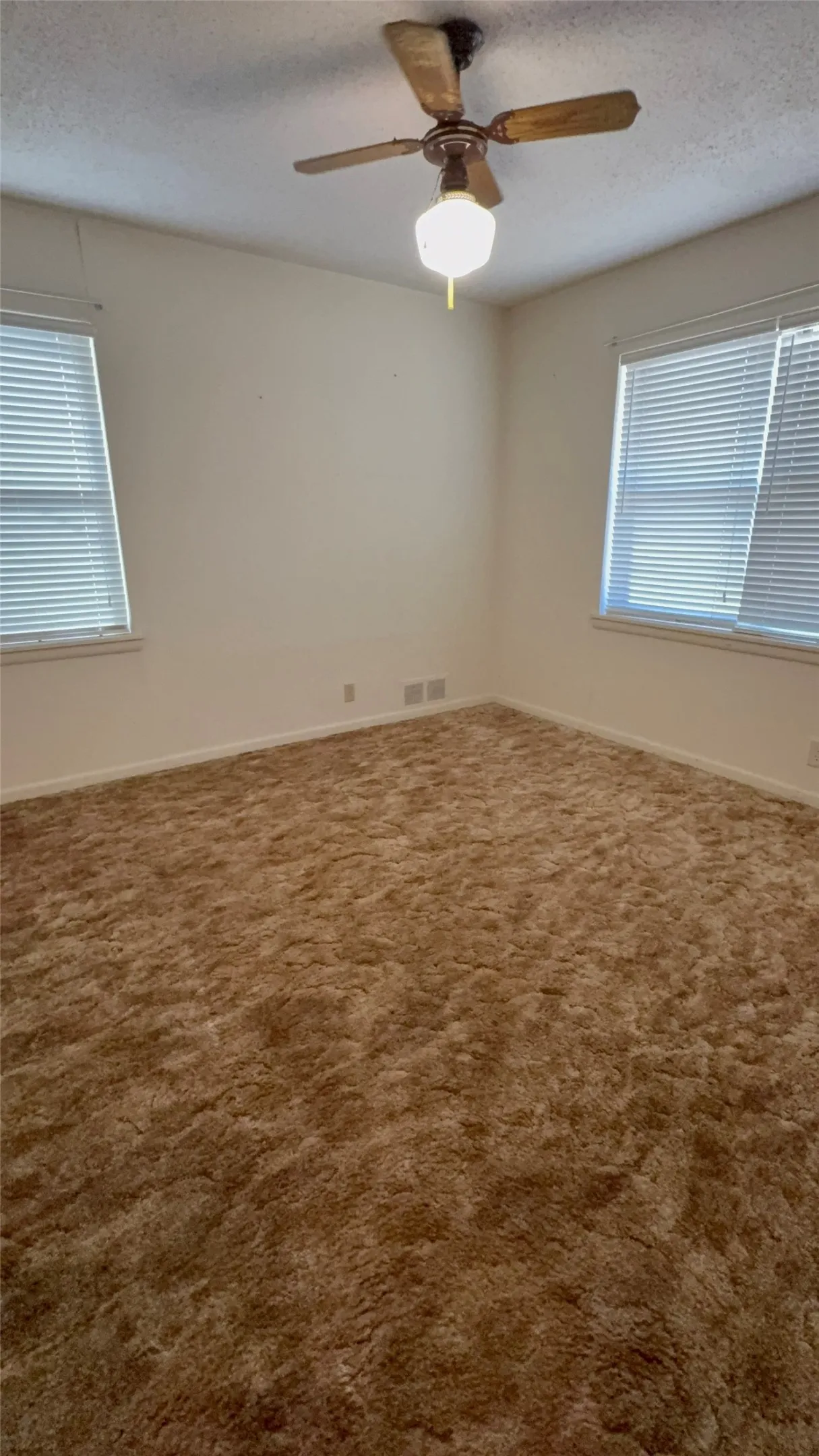 Carpeted room with a ceiling fan light fixture and two windows with blinds
