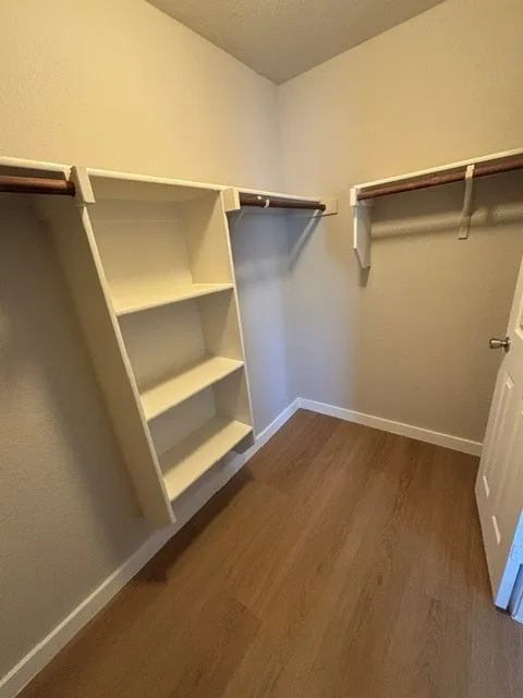Walk-in closet featuring wood-finish flooring, built-in shelving, and multiple hanging rods