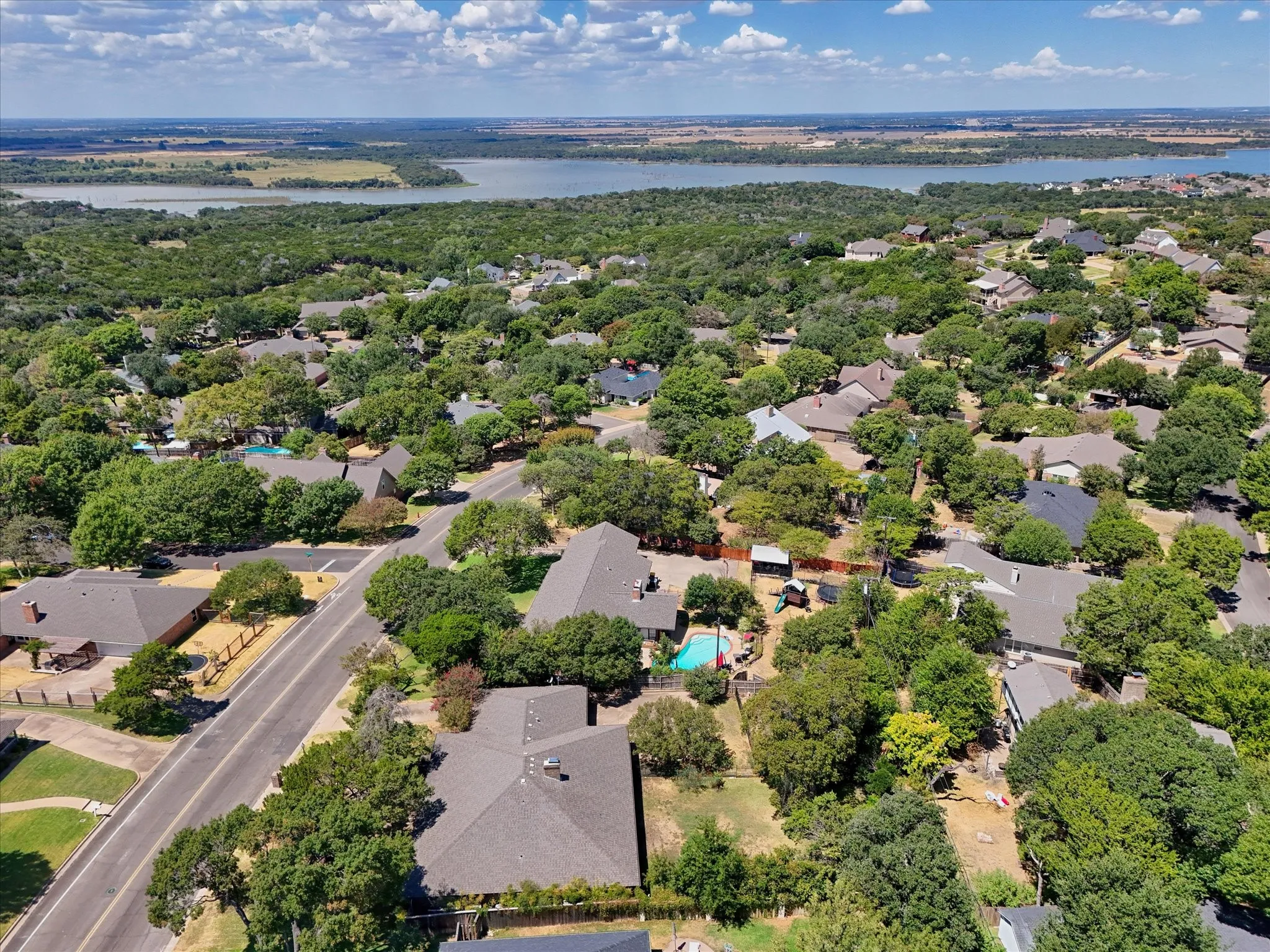Aerial perspective of a residential community with mature trees and a distant lake