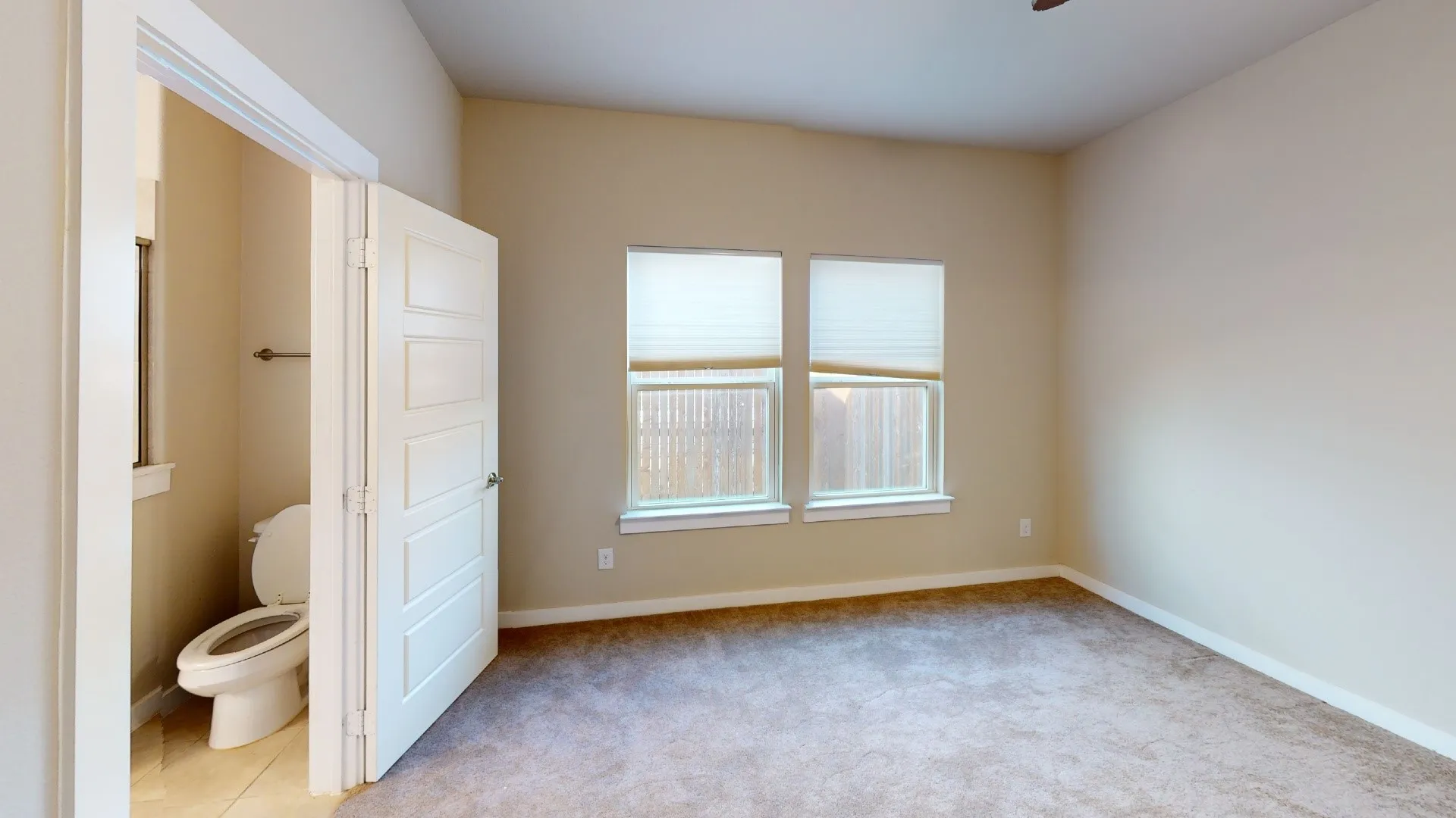 Two windows with blinds, neutral carpet, and a white paneled door