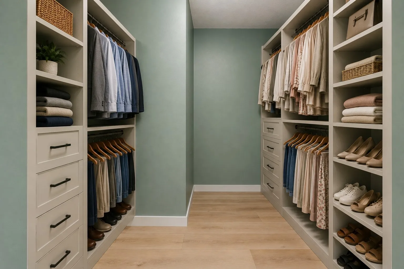 Reality staged image illustrates the impressive potential for custom built-ins, drawers, shelving and organized storage in the oversized primary closet.