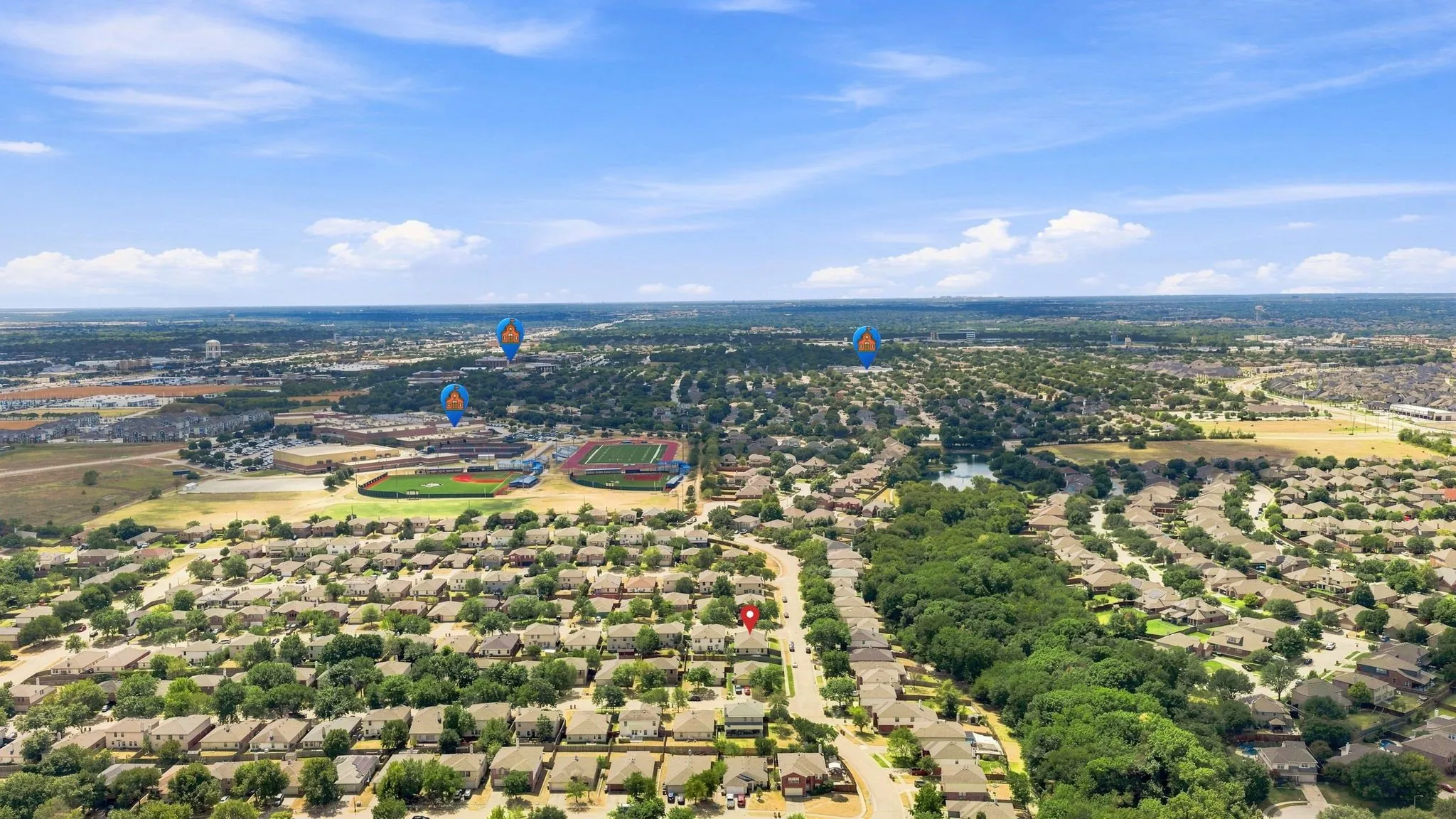 Aerial view highlights the home’s convenient location near nearby schools, neighborhood amenities and surrounding McKinney destinations.
