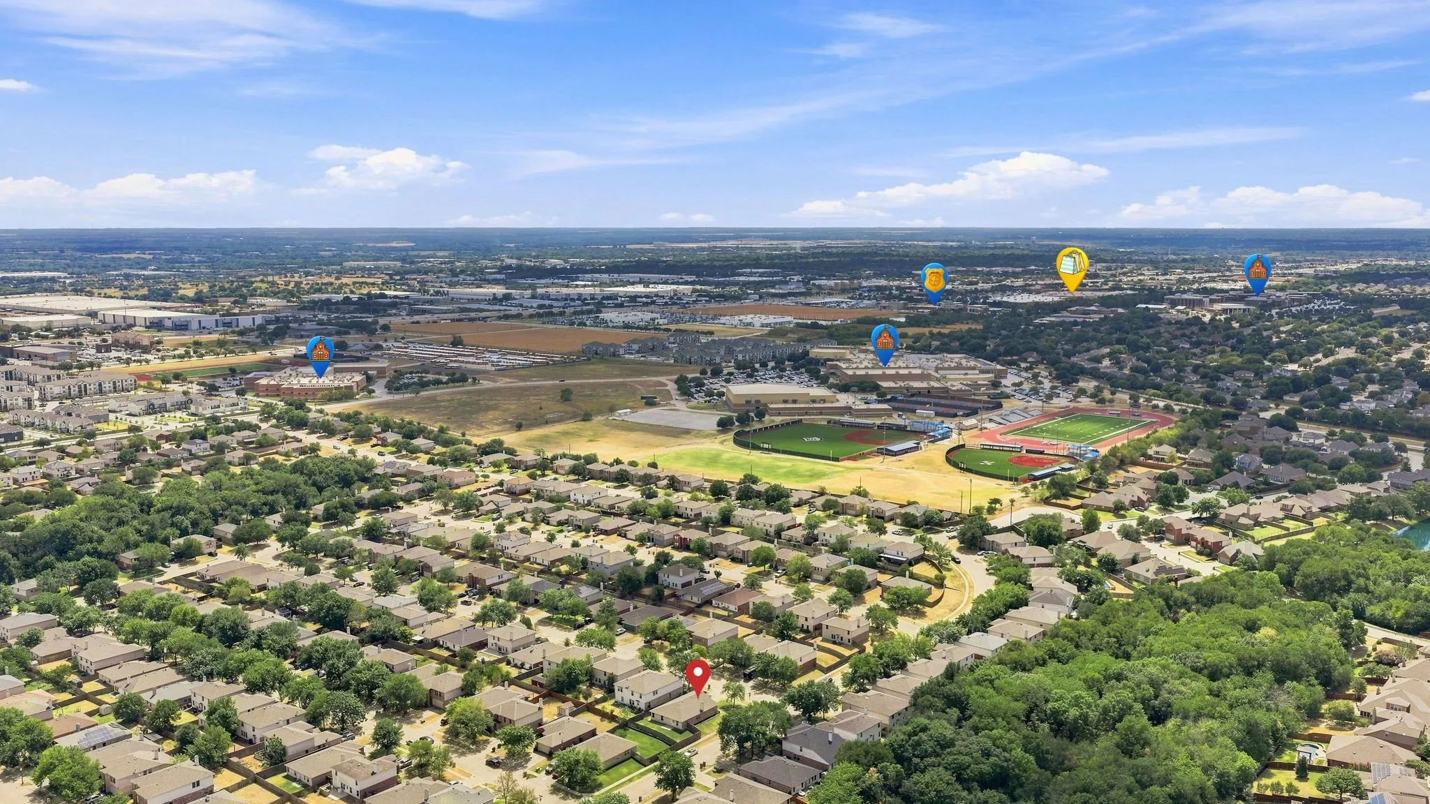 Aerial view highlights the home’s convenient location near nearby schools, neighborhood amenities and surrounding McKinney destinations.