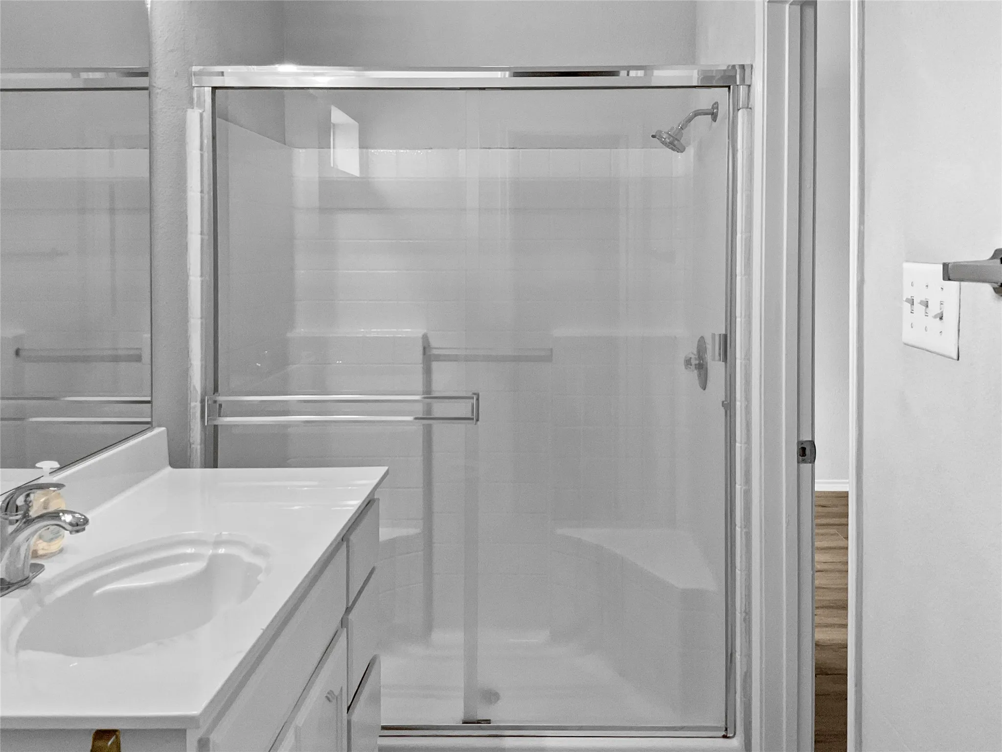 Bathroom with an enclosed shower, hardwood / wood-style flooring, and large vanity